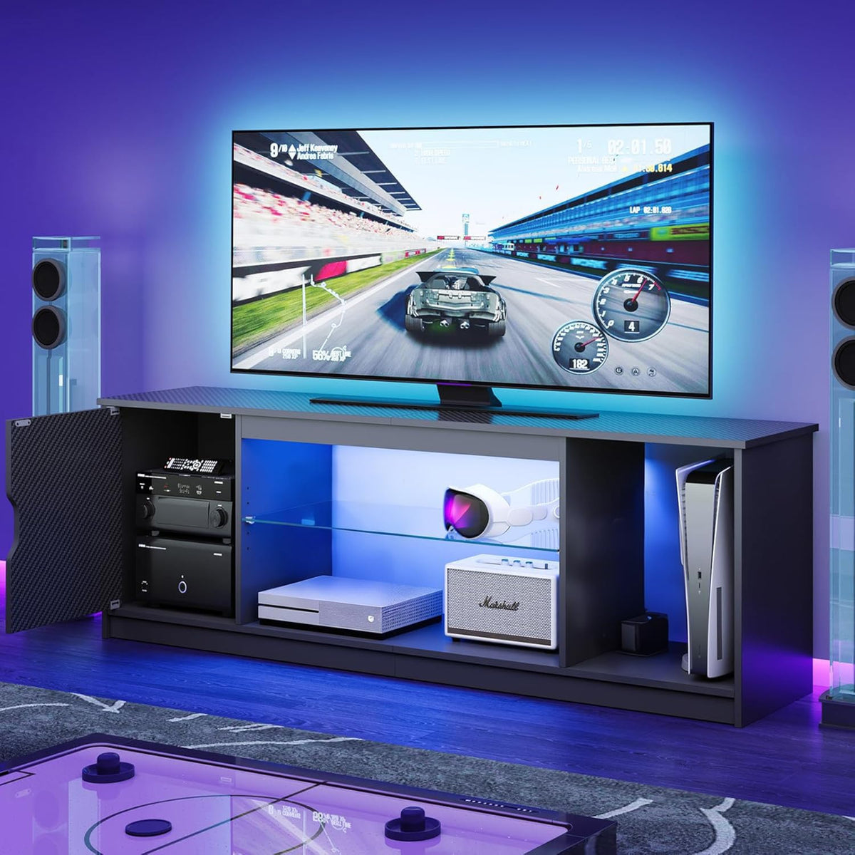57" LED Gaming TV Stand with RGB Lighting & Tempered Glass Shelves
