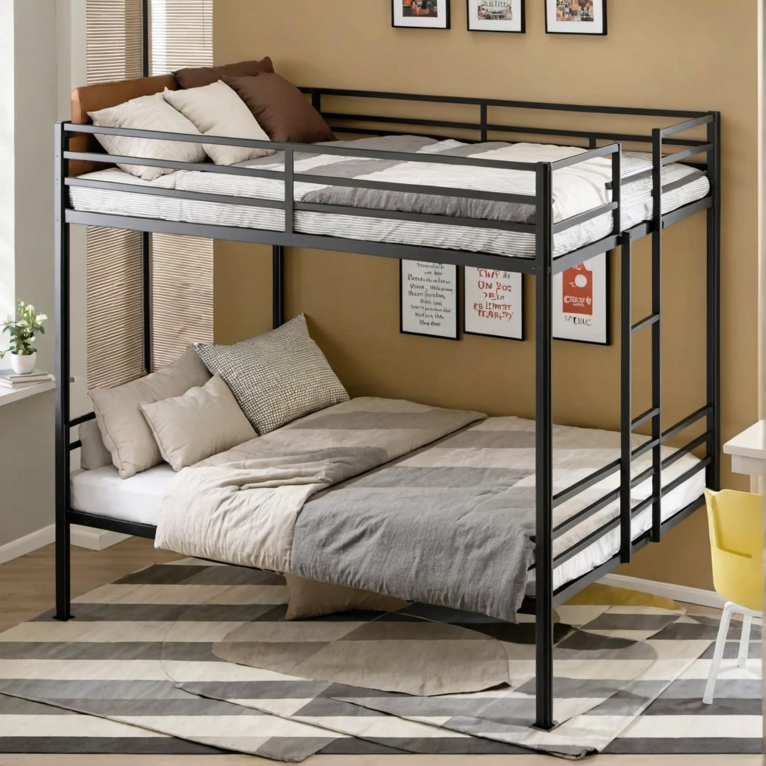 Queen Over Queen Metal Bunk Bed with Built-in Stairs & Convertible 2 Beds,Heavy Duty