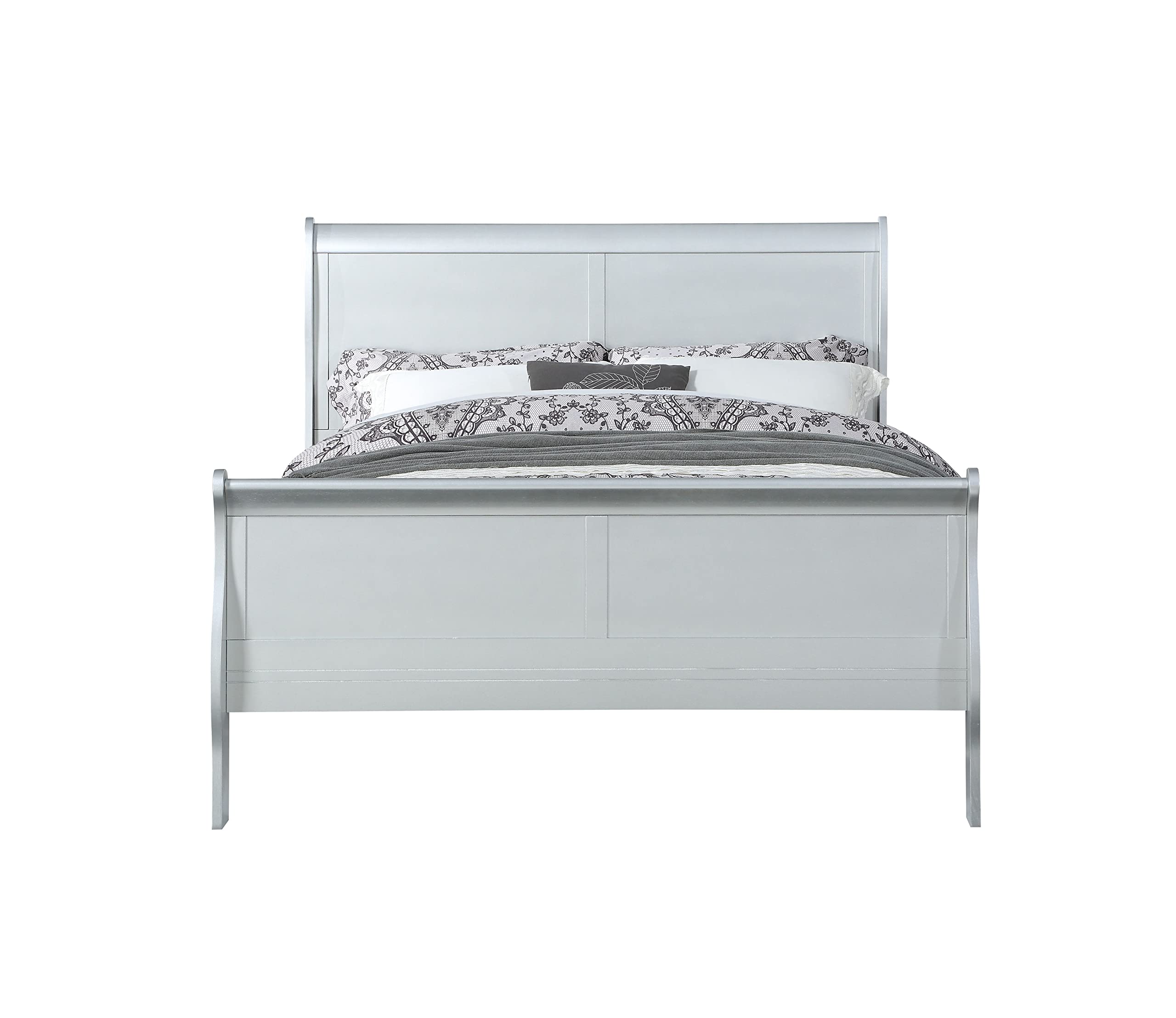 Charming Twin Sleigh Bed in Elegant Platinum Finish, Classic Design with Graceful Curves