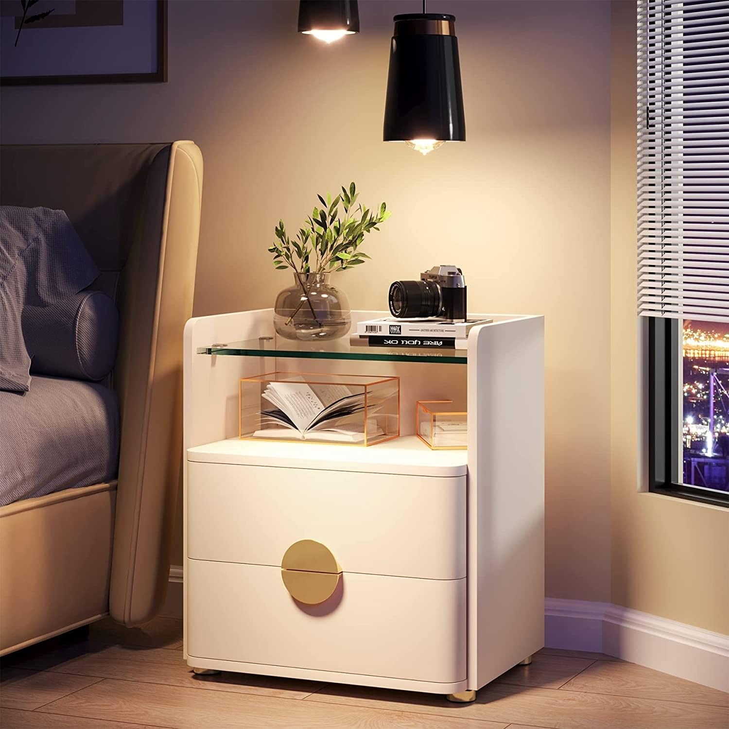 2 Drawer Nightstand with Tempered Glasses Shelf, Bed Side Table Beige - 1-Drawer