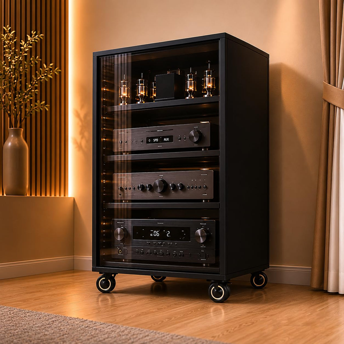 Rolling Audio Cabinet with Tempered Glass Door