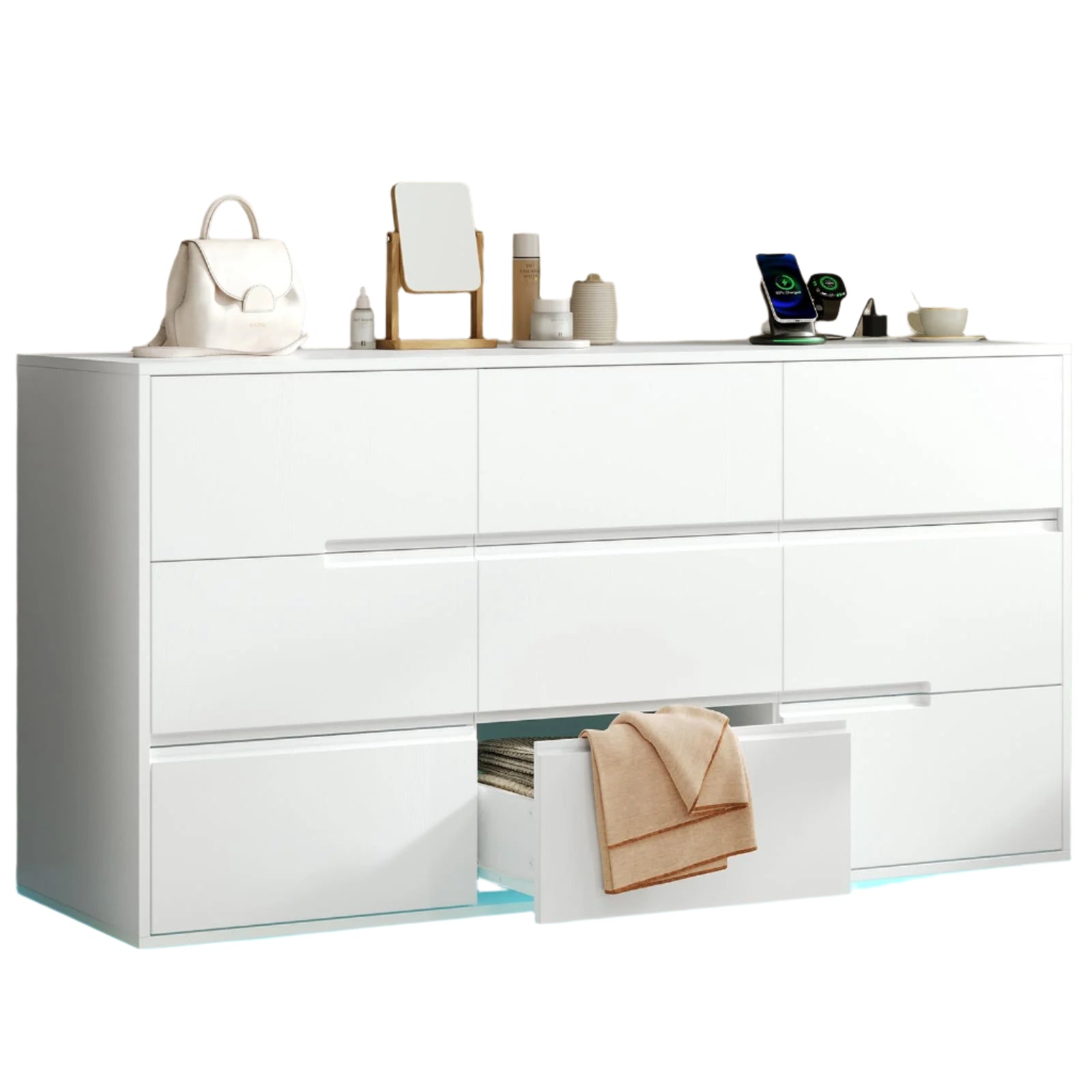 White Dresser for Bedroom, Handless 9 Drawers Dresser