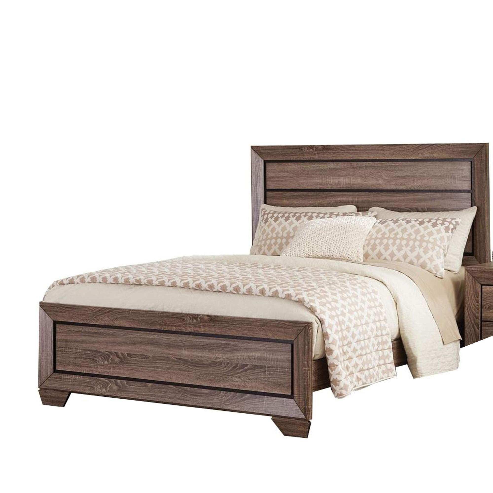 Benjara Transitional Style Eastern King Bed with Plank Headboard, Brown