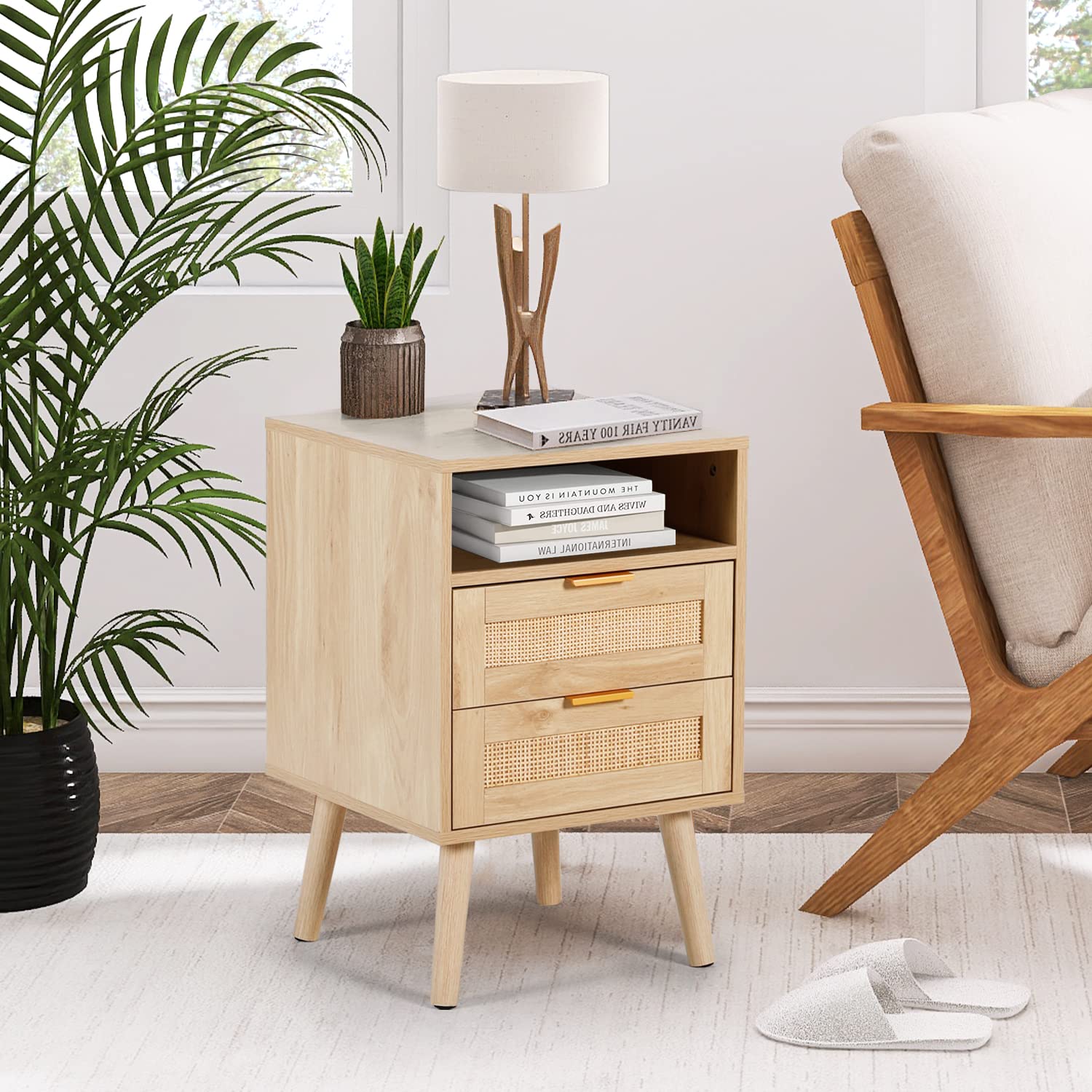 Rattan Nightstand with Wireless Charging Station Modern Bedside Tables