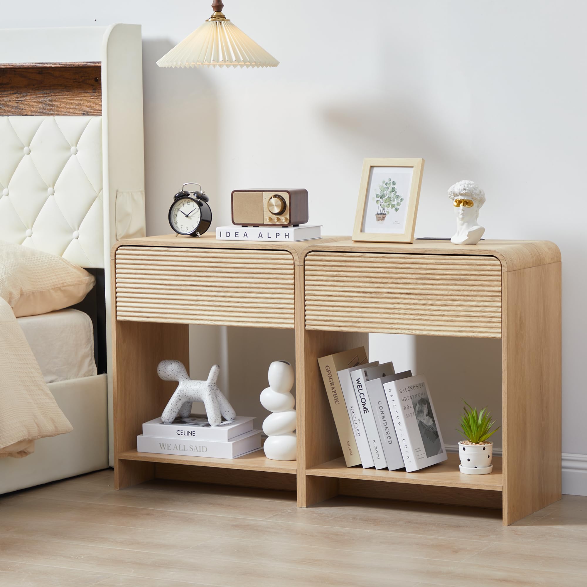 Fluted Nightstand Set of 2 with Charging Station, Modern Bed Side Table End Table