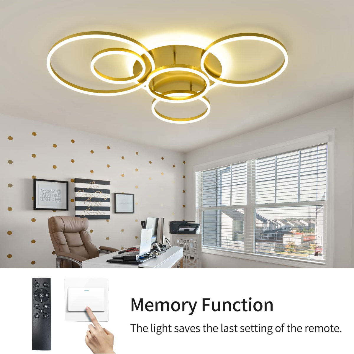 106W Dimmable LED Flush Mount Ceiling Light with Remote, 5 Rings, 3000–6000K