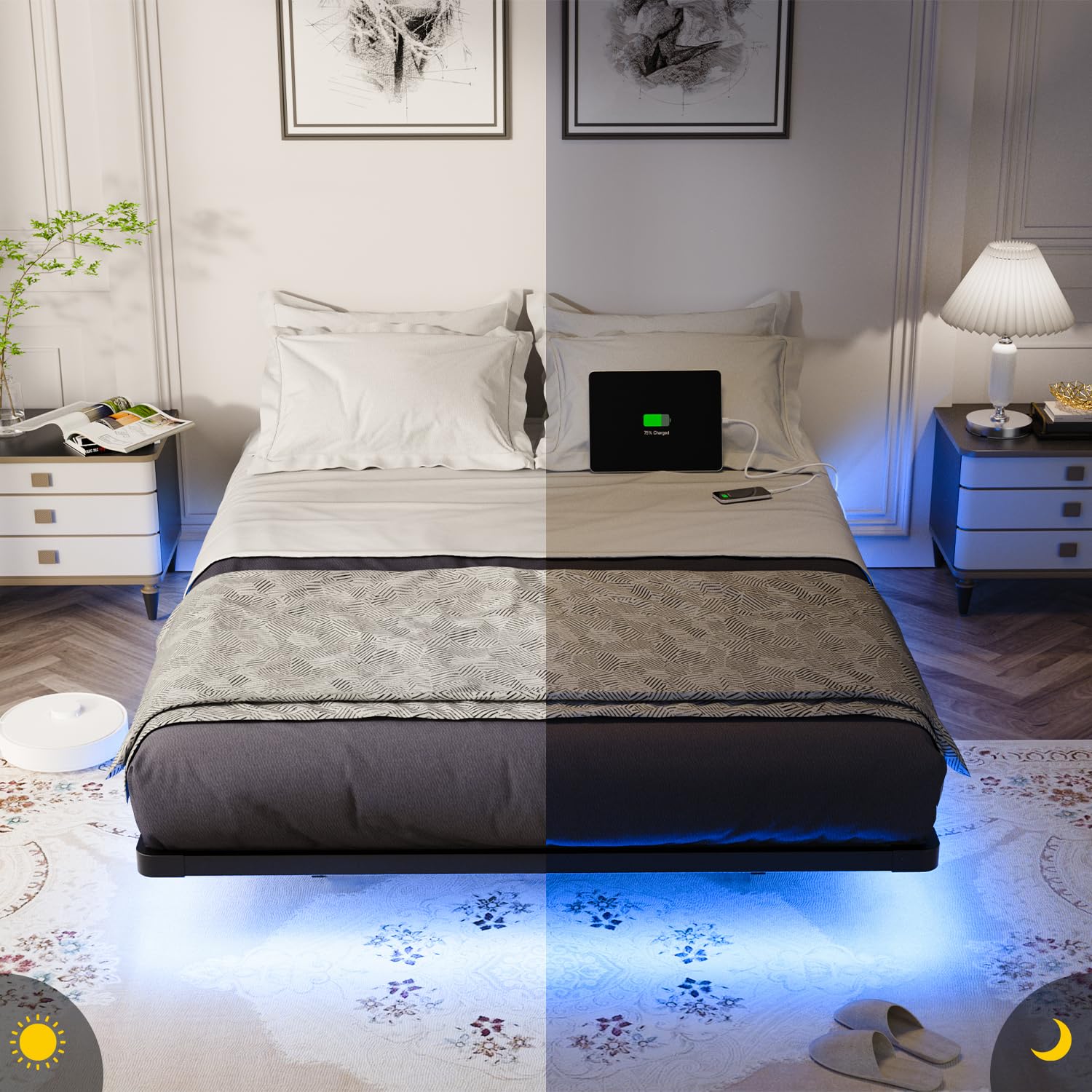 Floating Bed Frame Full Size with Smart LED Lights and Charging Station