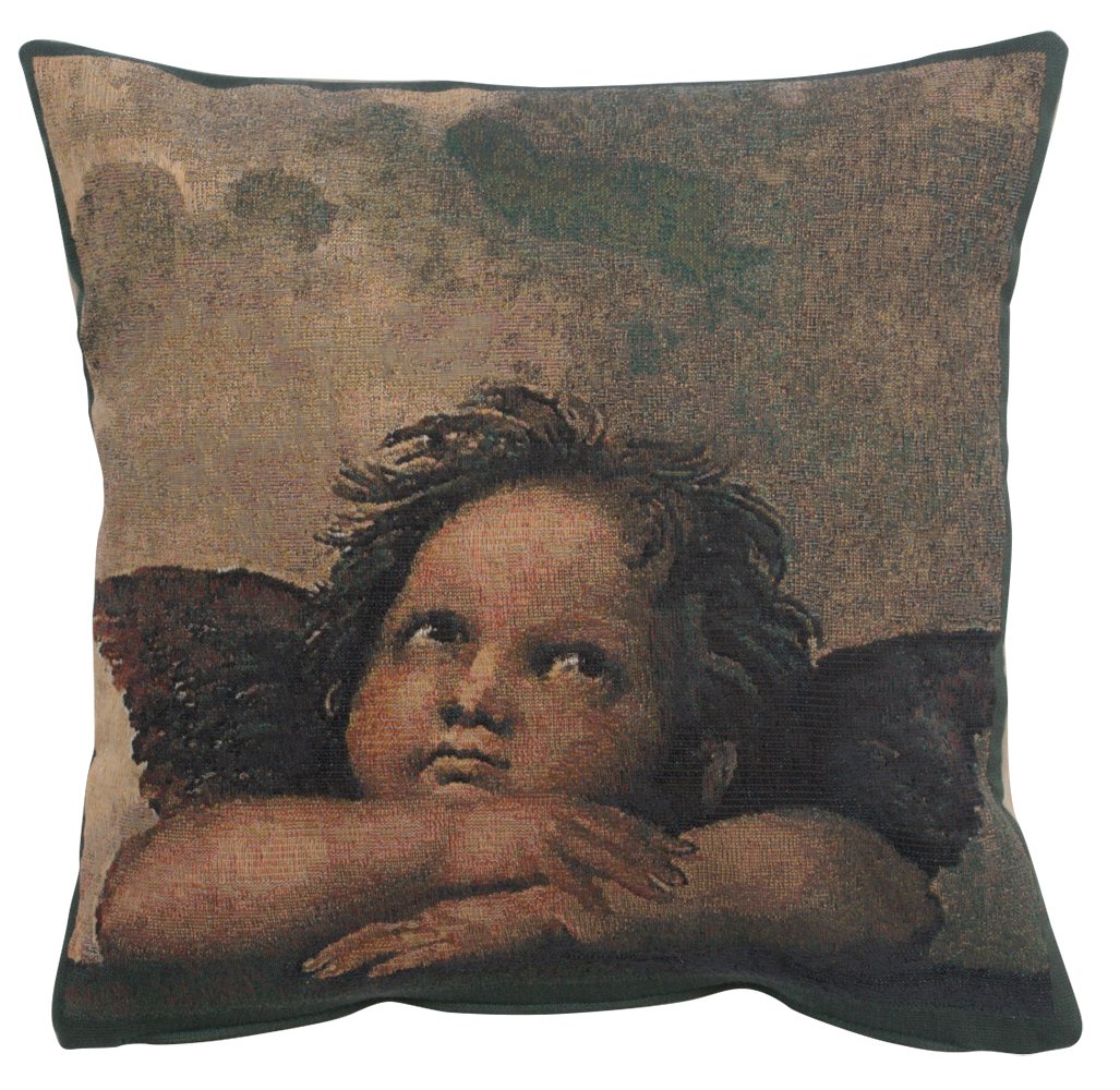 17"x17" Belgium Jacquard Tapestry Pillow Cover – Raphael Angels, Cotton, Velvet Back
