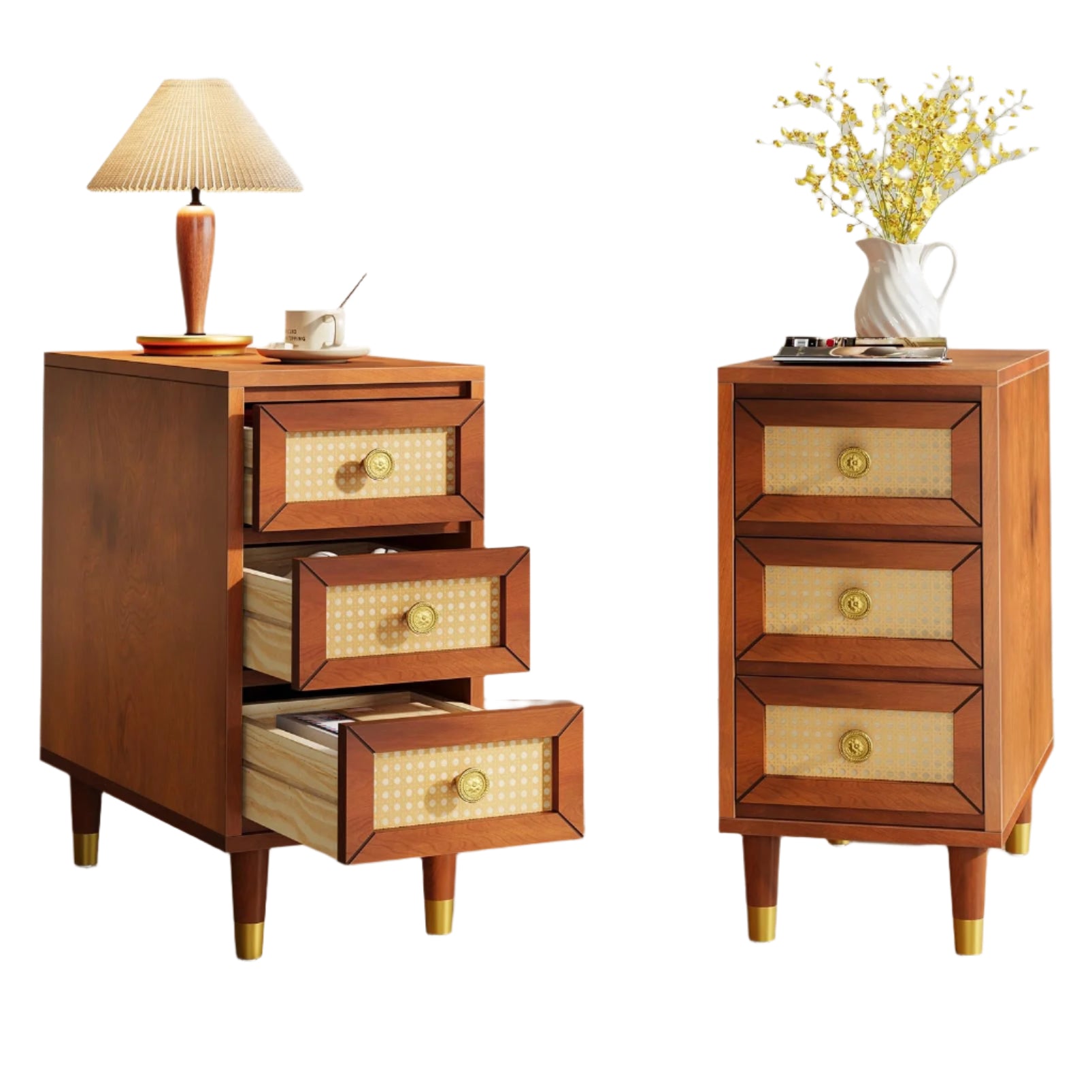 End Table Set of 2 with 3 Drawers, Solid Wood Sofa Side Tables with Rattan Front