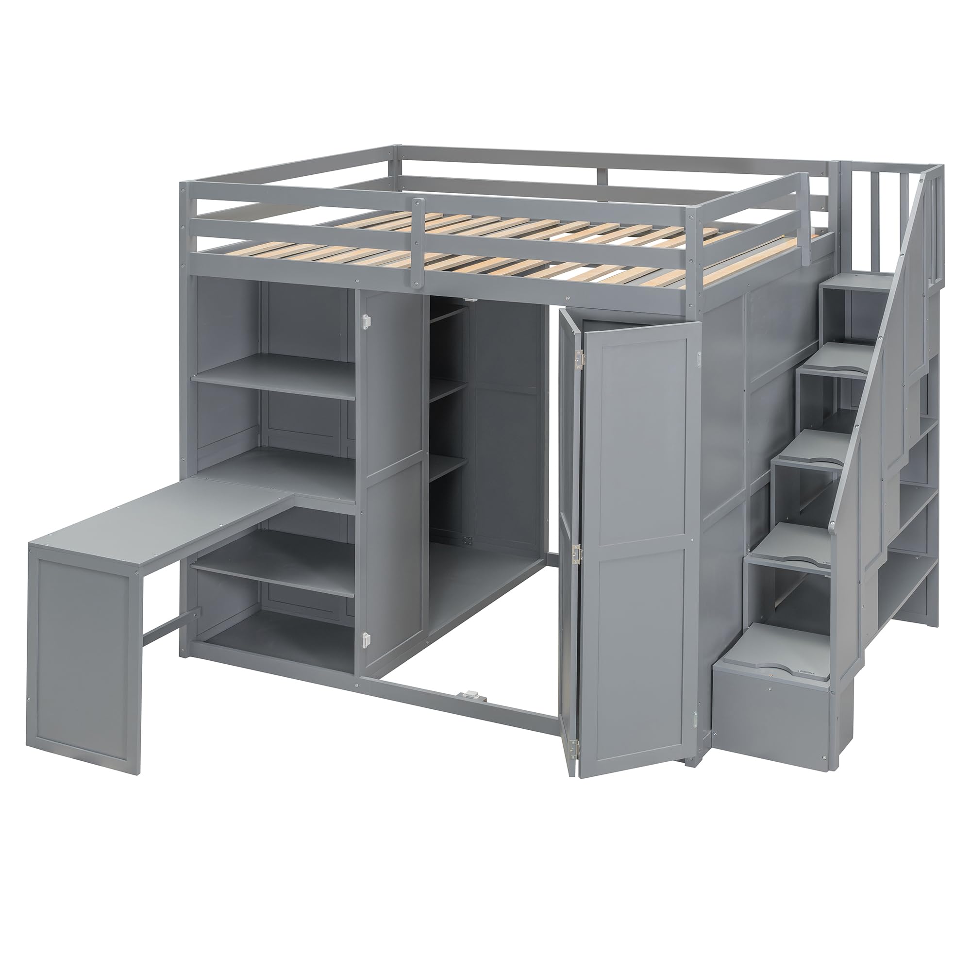 Size Loft Bed with Wardrobe and 3 Foldable Shelves
