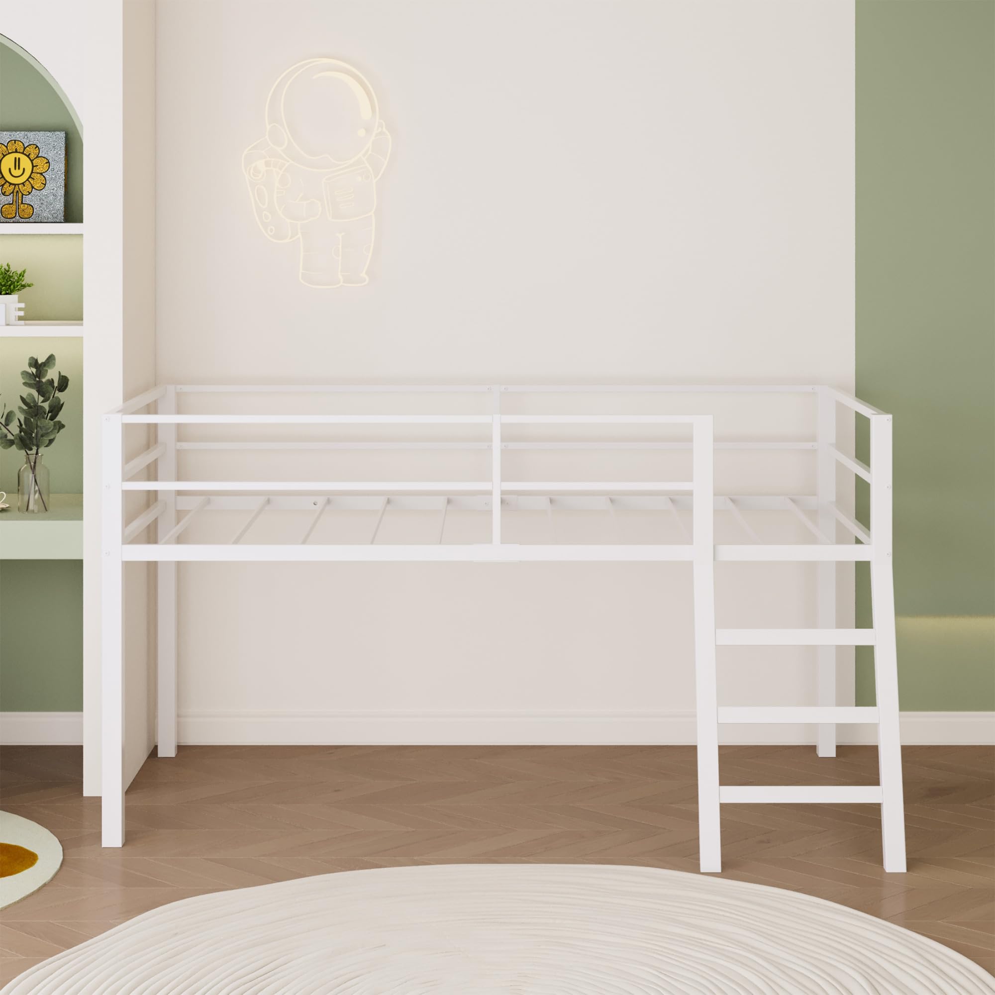Loft Bed Twin Size, Low Junior Metal Twin Loft Bed with Stairs and Safety Guard