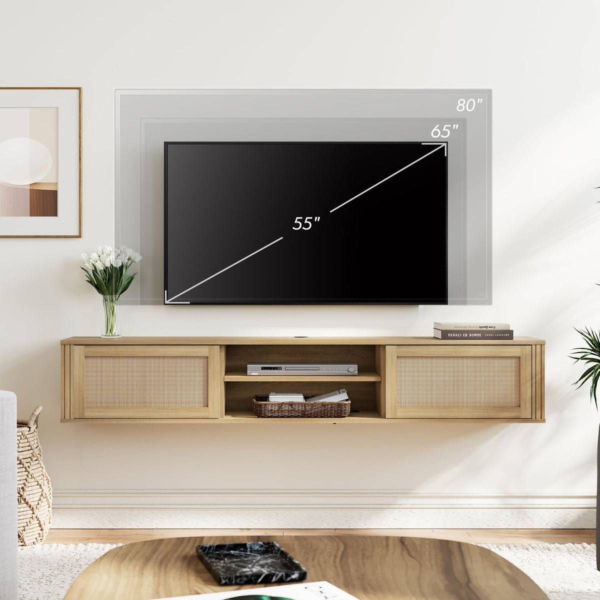 70" Floating TV Stand with Power Outlet & Rattan Doors