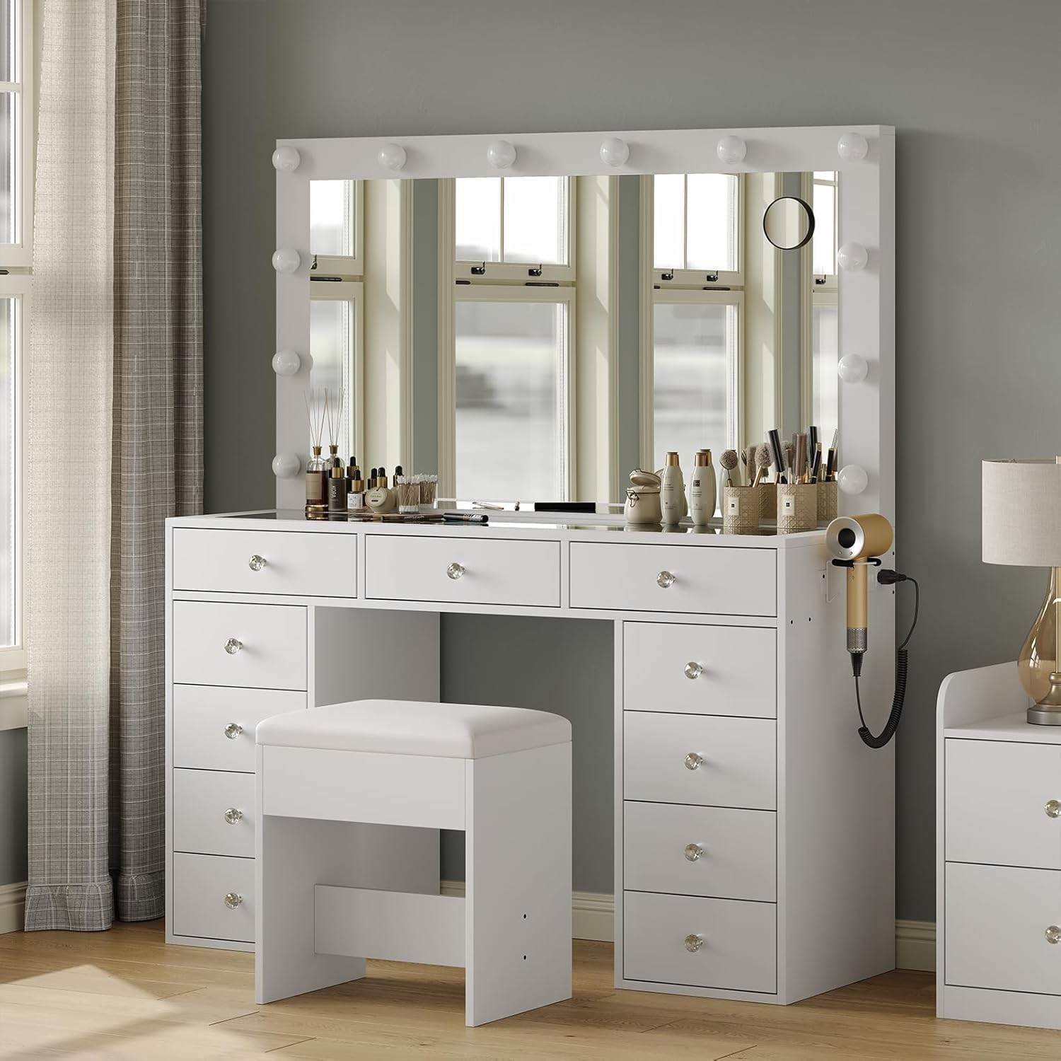 Desk with Illuminated Mirror & Power Outlet, 11 Drawers Vanity Table