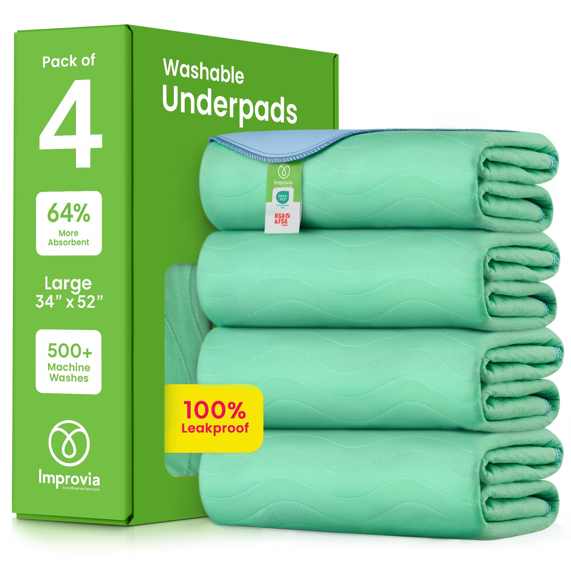 Washable Underpads, 34" x 52" (Pack of 4) - Heavy Absorbency Reusable Incontinence