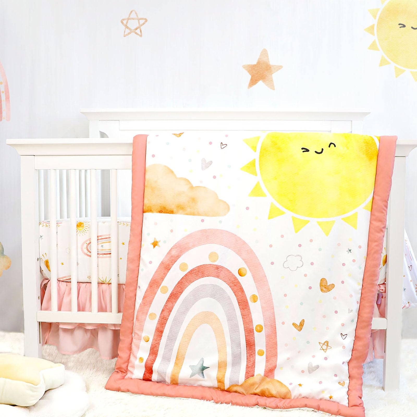 4-Piece Crib Bedding Set for Girls, Includes Comforter, Fitted Crib Sheet