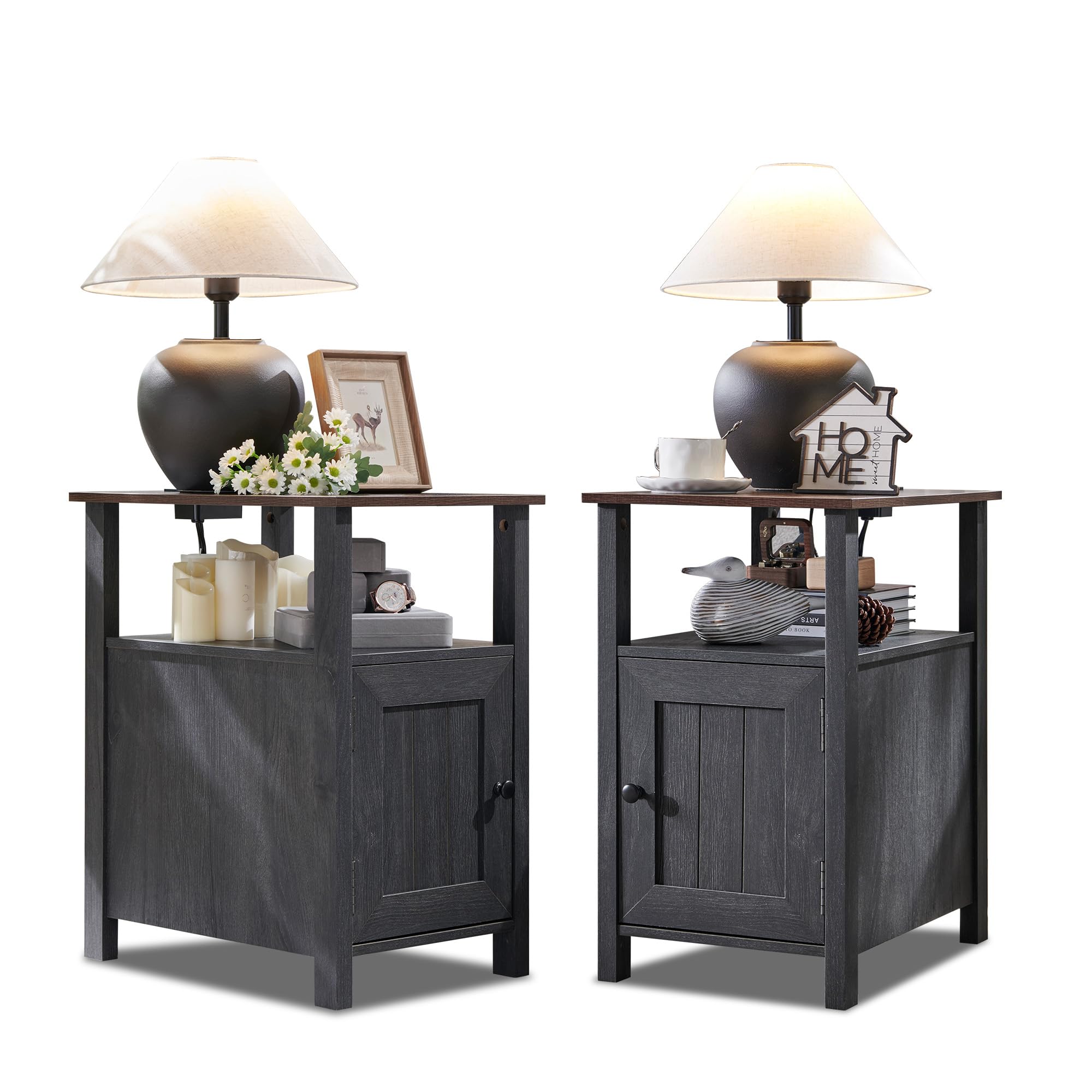 Farmhouse Nightstands Set of 2, Narrow Bedside Table with Charging Station