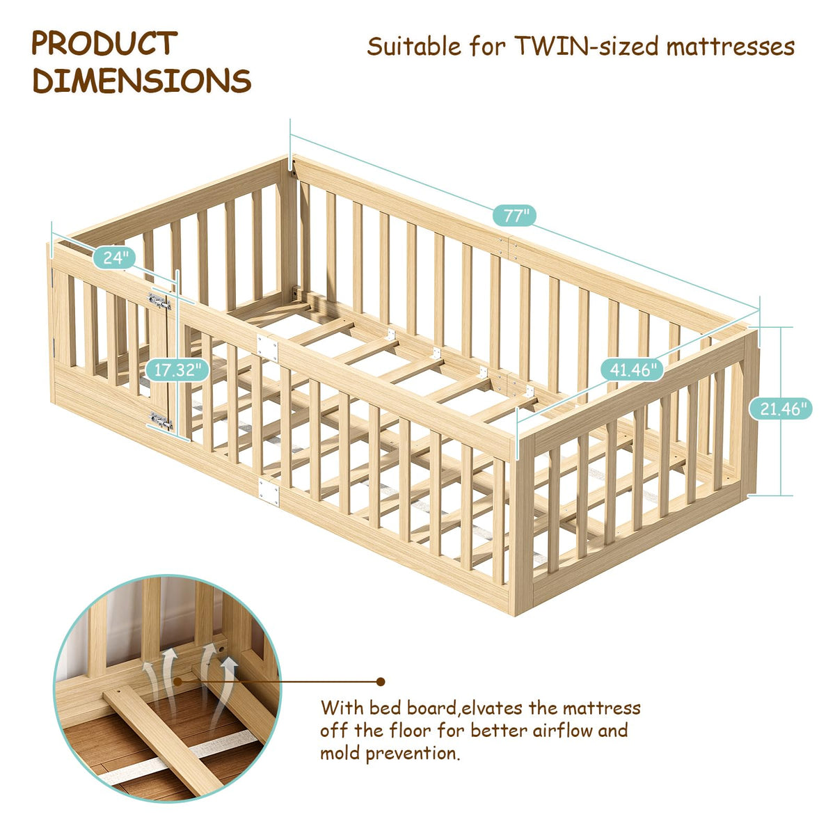 Twin Montessori Floor Bed with High Guardrails & Door Latches