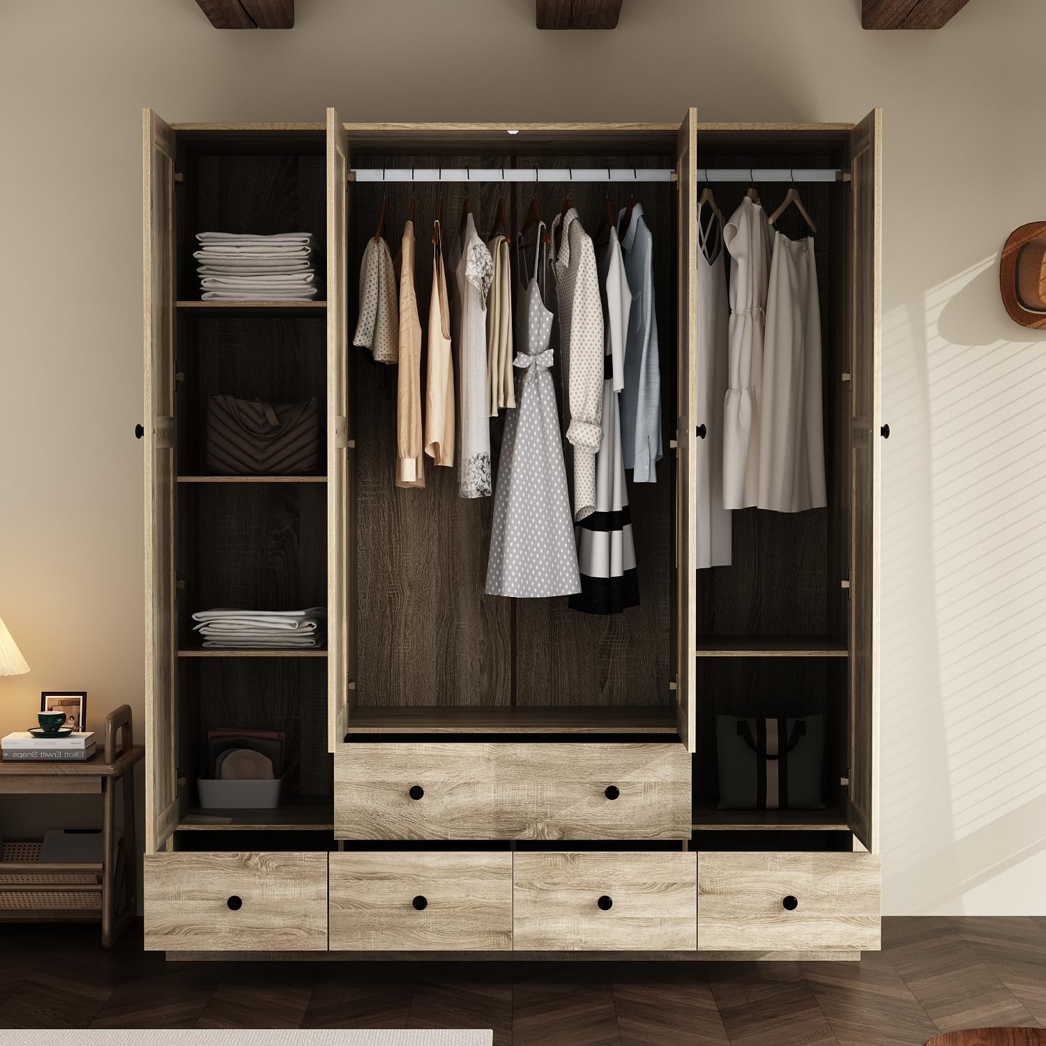 Rattan Armoire Wardrobe Closet with 7 Shelves, 5 Drawers & Hanging Bars