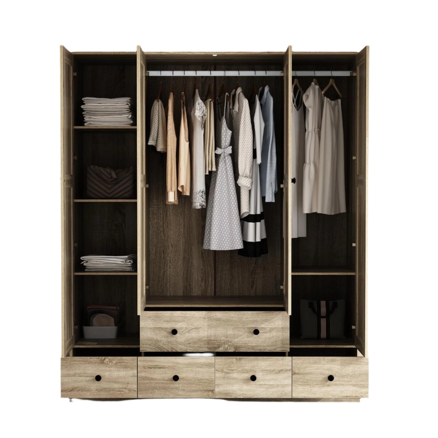 Wardrobe Closet with 7 Shelves, 5 Drawers & Hanging Bars, 59" L Wooden
