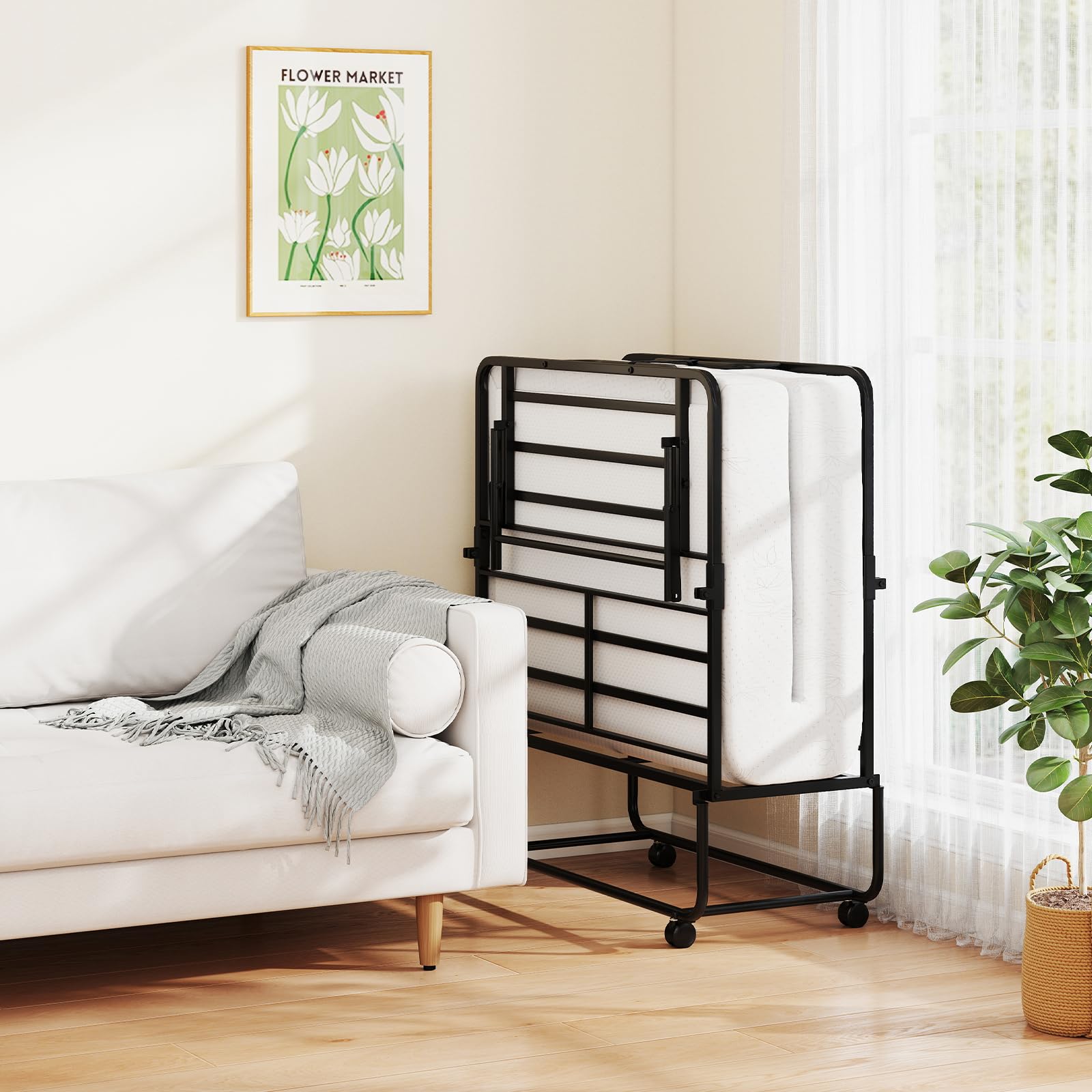 Bed Frame with Mattress, 75" x 38" Portable Rollaway Guest