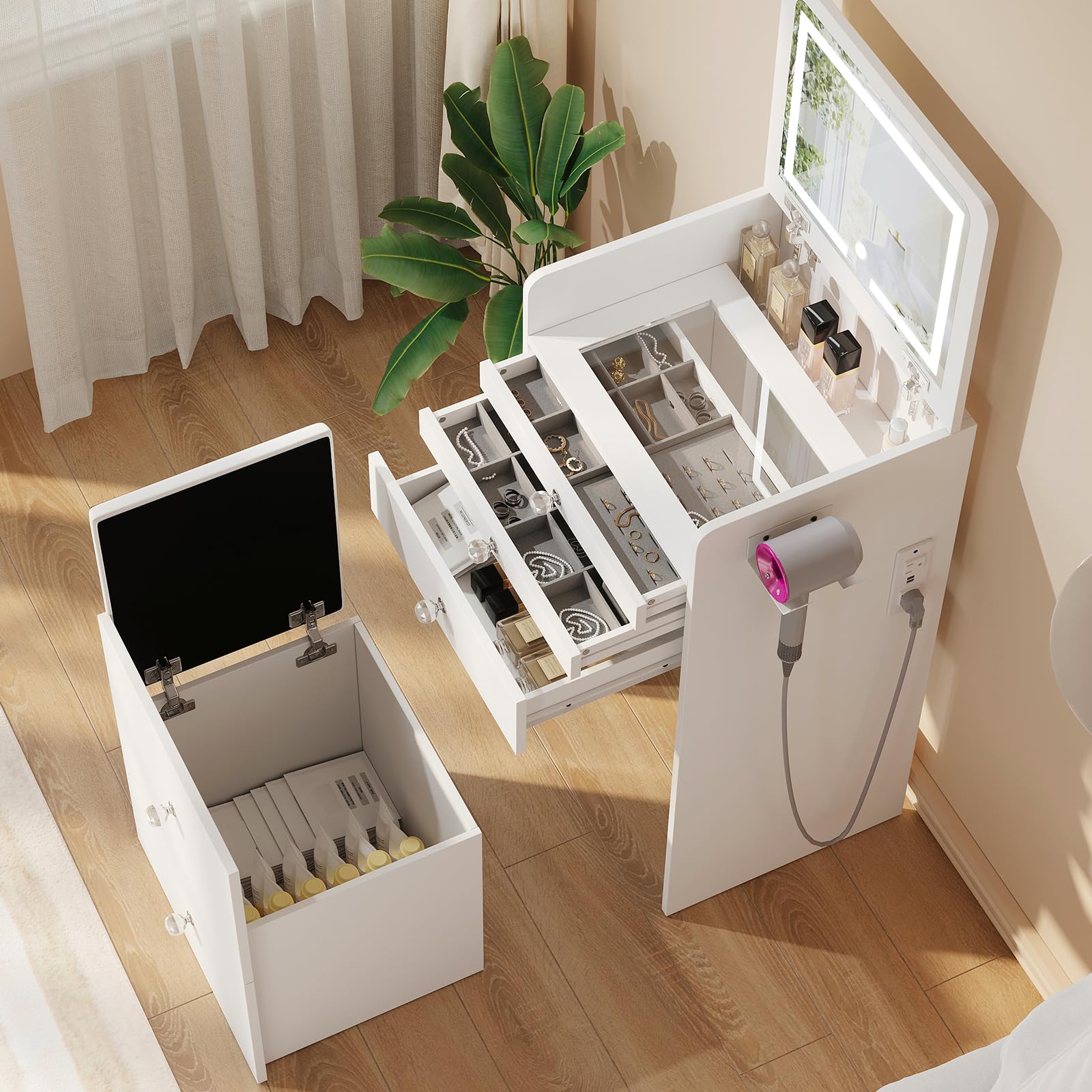Vanity Desk with Flip Top LED Light Mirror and Glass Desktop, Small Makeup