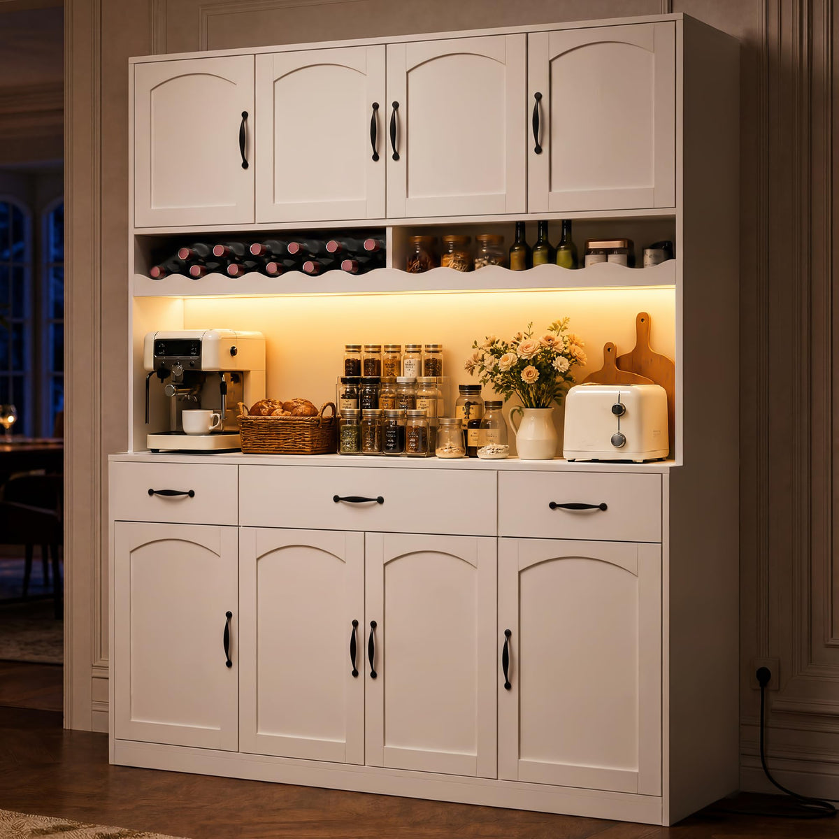 72" Tall Kitchen Pantry Cabinet with LED Light & Charging Station