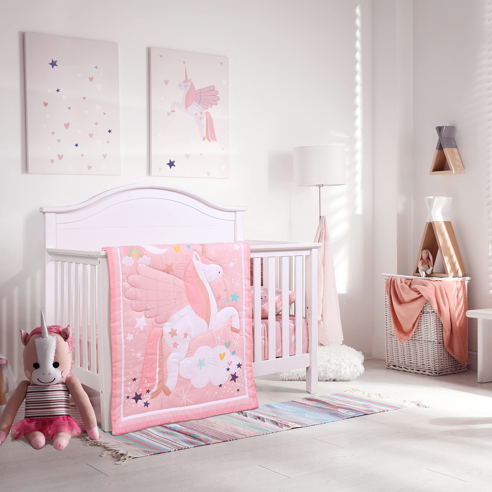 3 Pieces Crib Bedding Set for Girls or Boys Quilt,Crib Sheet,Dust Ruffle Skirt