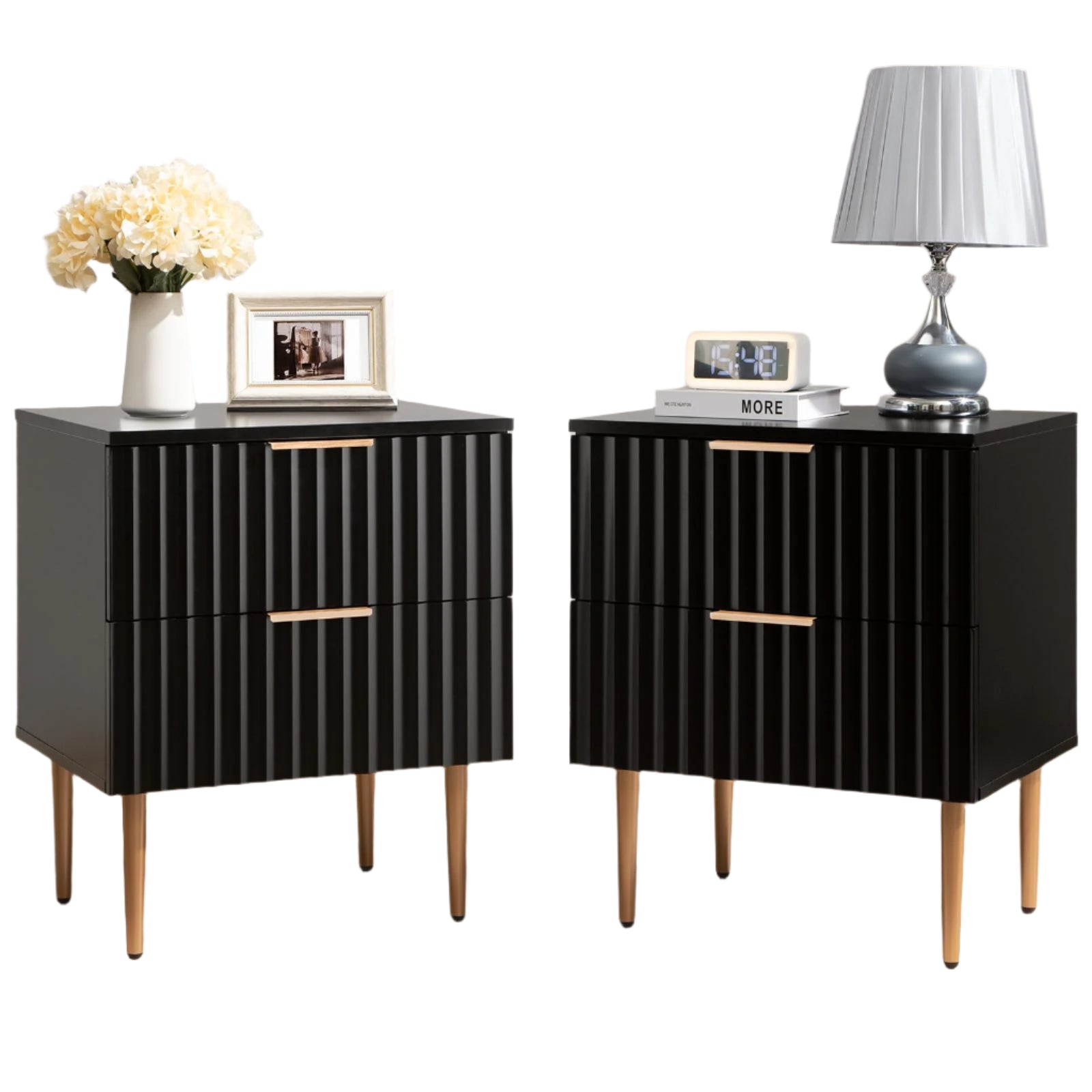 Black Night Stand Set 2, Wide Fluted Nightstand with 2 Drawers