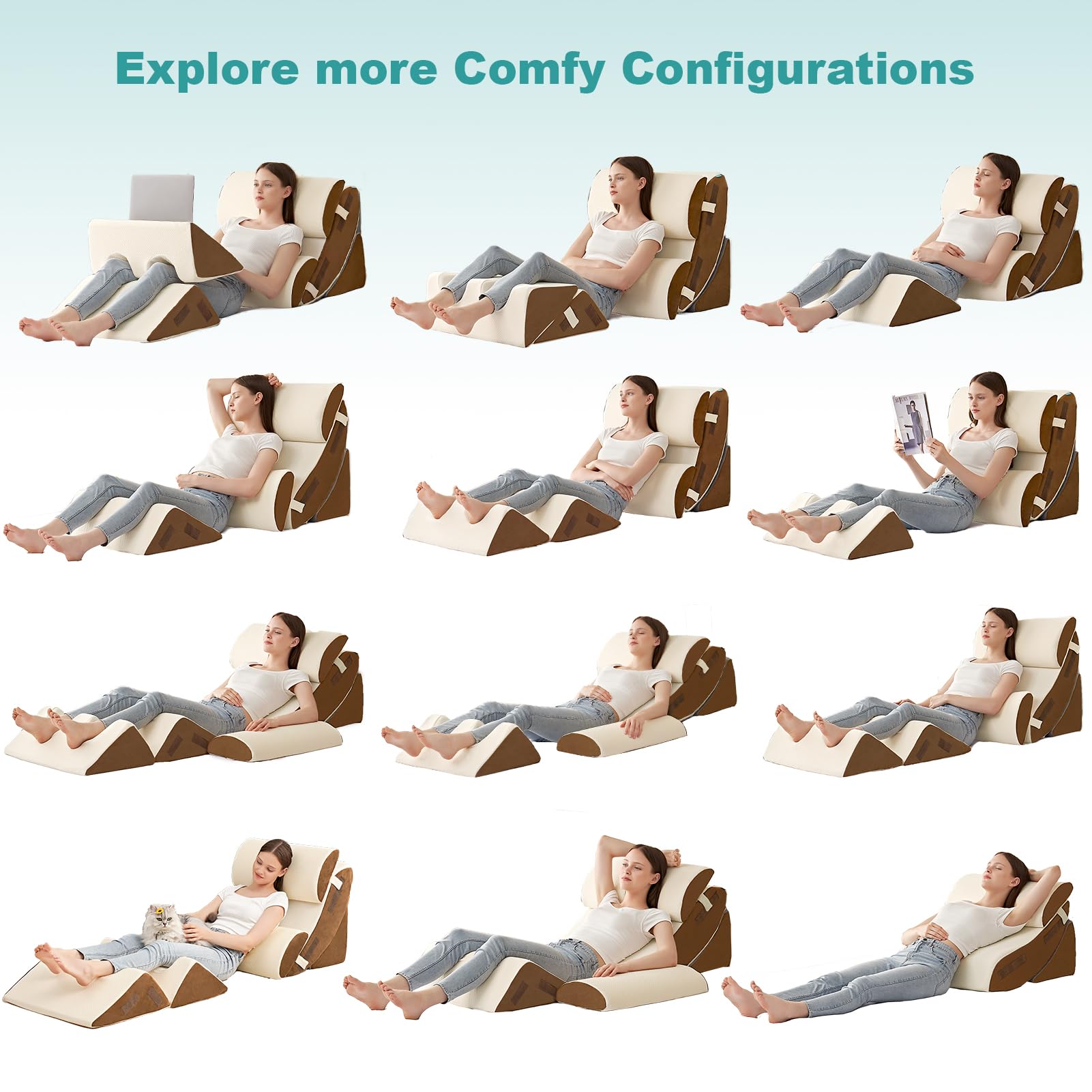 Hansleep 6PCS Orthopedic Bed Wedge Pillow for Sleeping, Adjustable Post Surgery Pillow Set for Body, Back and Leg Pain Relief, Memory Foam Support Pillows for After Surgery, Beige