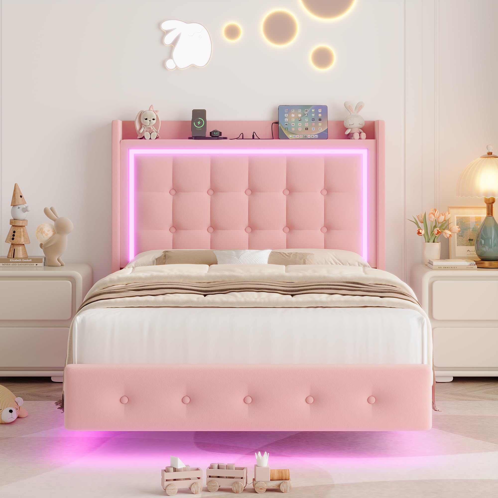 Upholstered Twin Floating Bed Frame with RGB LED Lights and Charging Station