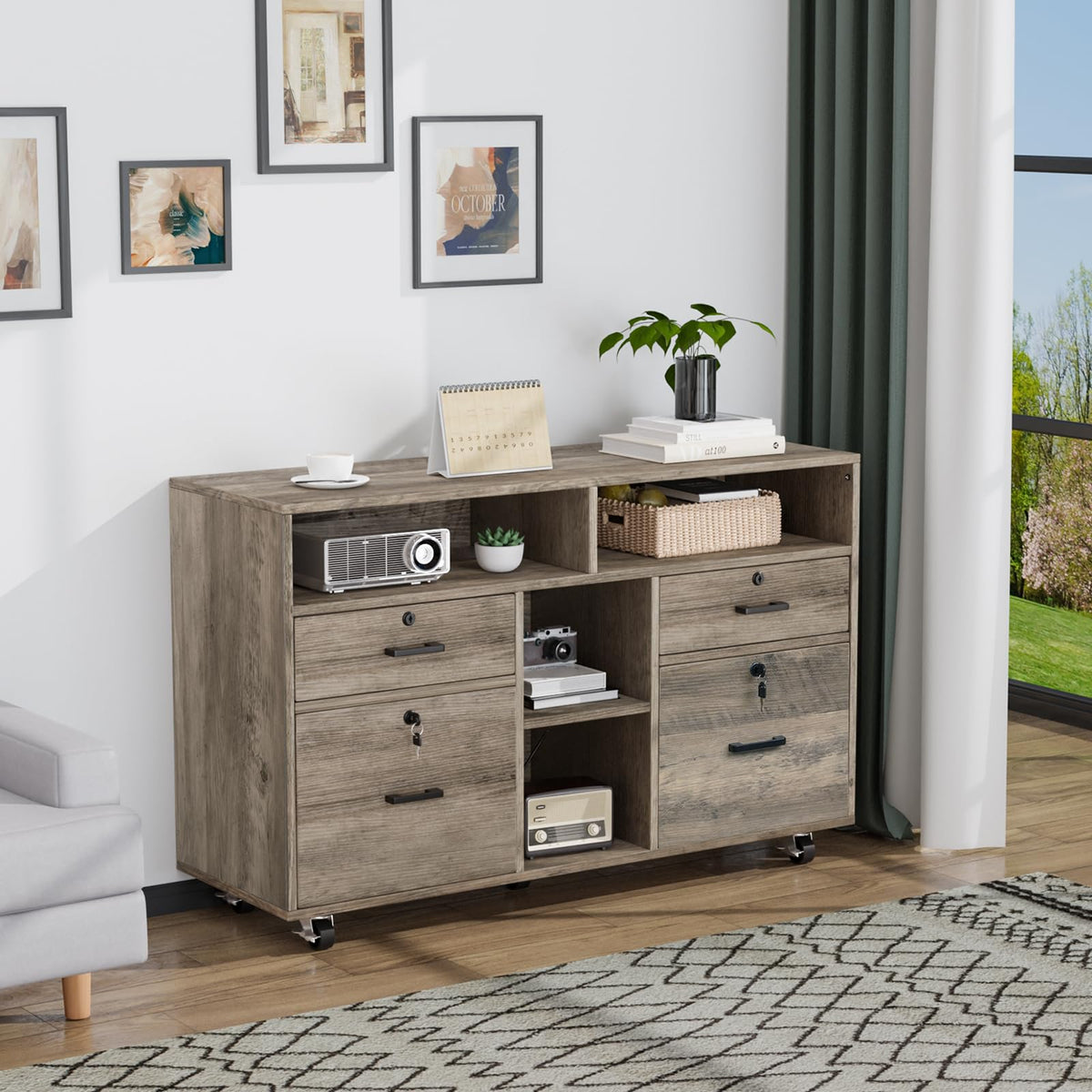 4-Drawer Rolling File Cabinet with Lock & Open Shelves