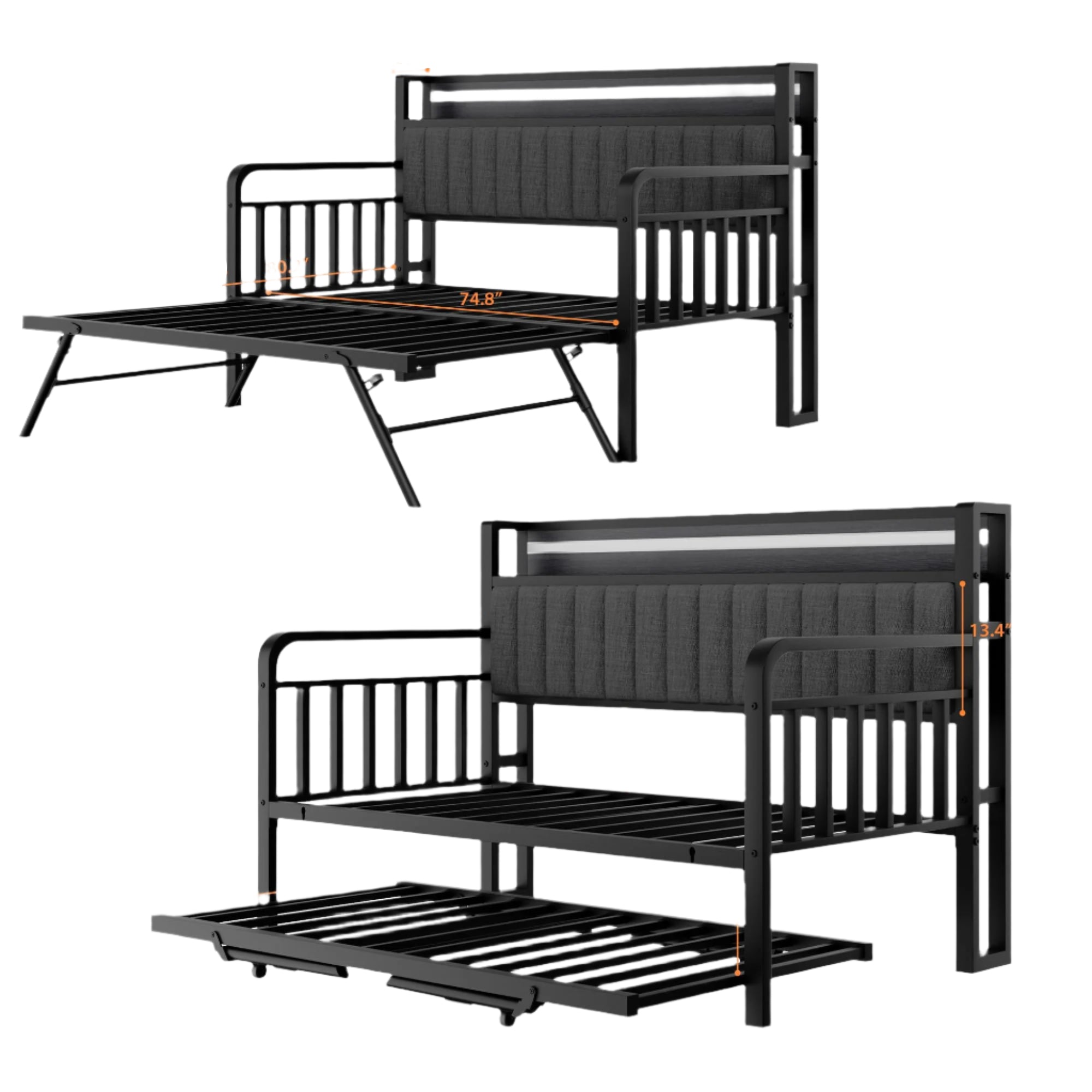 Trundle and LED Light, Heavy Duty Metal Twin Bed Frame