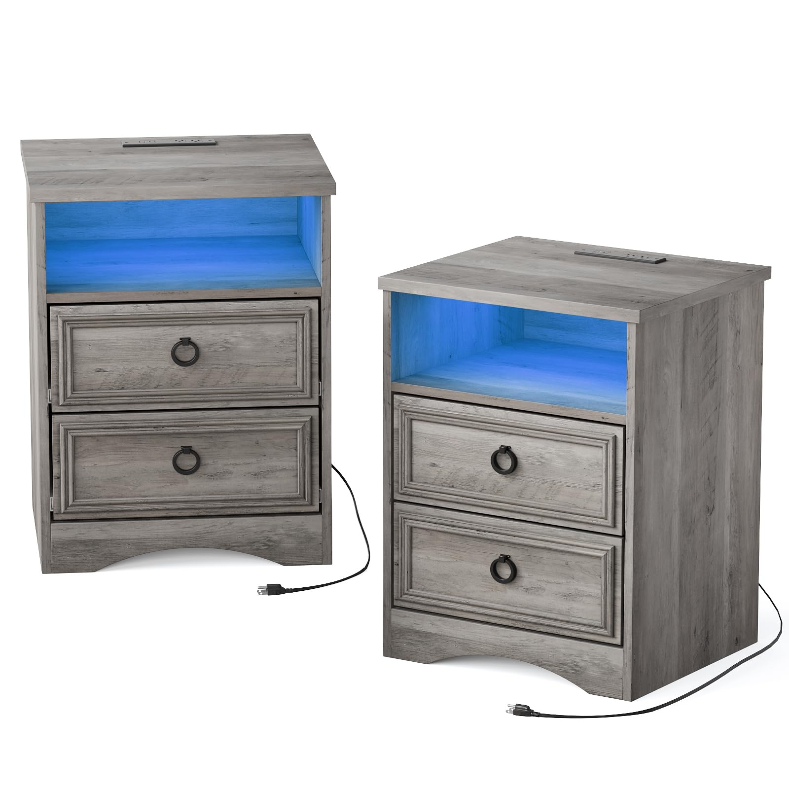 Nightstand with Strip Lights,USB Outlets Set of 2, Night Stand with Drawers