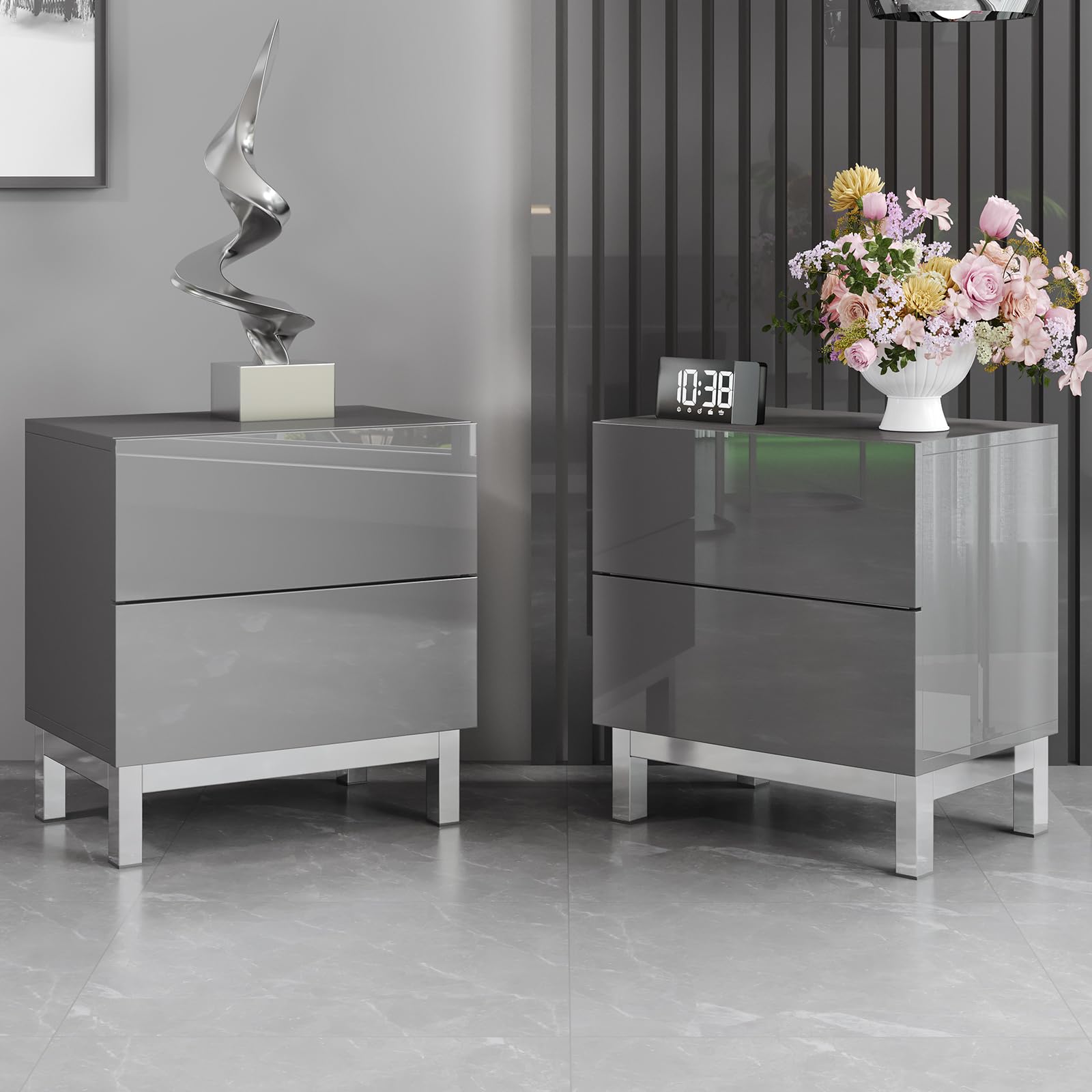 Modern Minimalist Nightstand Set of 2, 24" High Gloss Electroplated Sofa Side Table