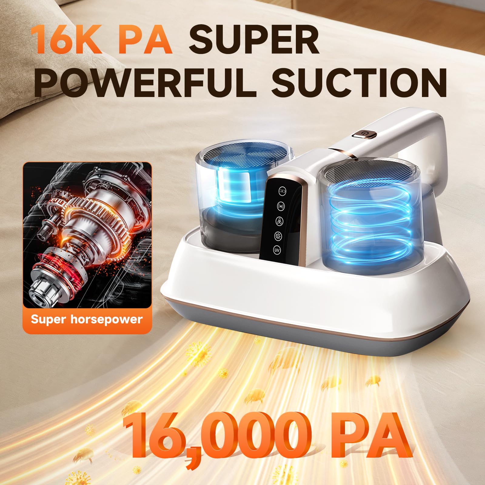 Mattress Vacuum Cleaner Bed Vacuum, 16Kpa Handheld Bed Vacuum Cleaner with HEPA Filter & 140℉ Hot Air & UV-C, 33k Slapping/Min 500W Powerful Couch Vacuum for Sofa Carpet Bedding with Cord