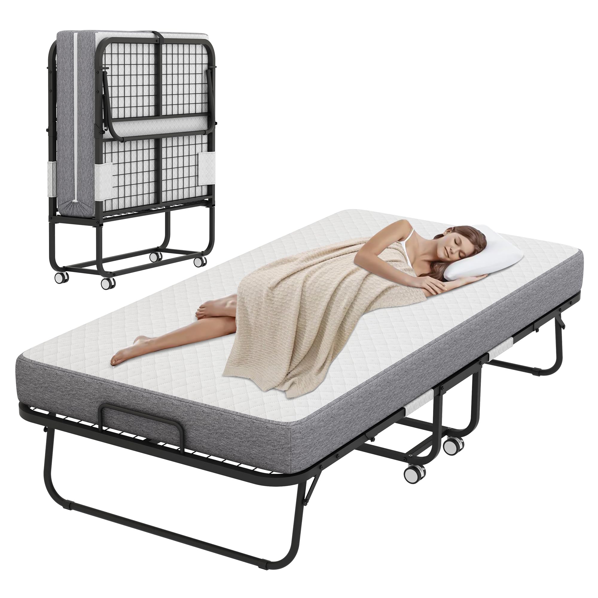 Folding Bed with Mattress for Adult - 75''x46'' Foldable Rollaway