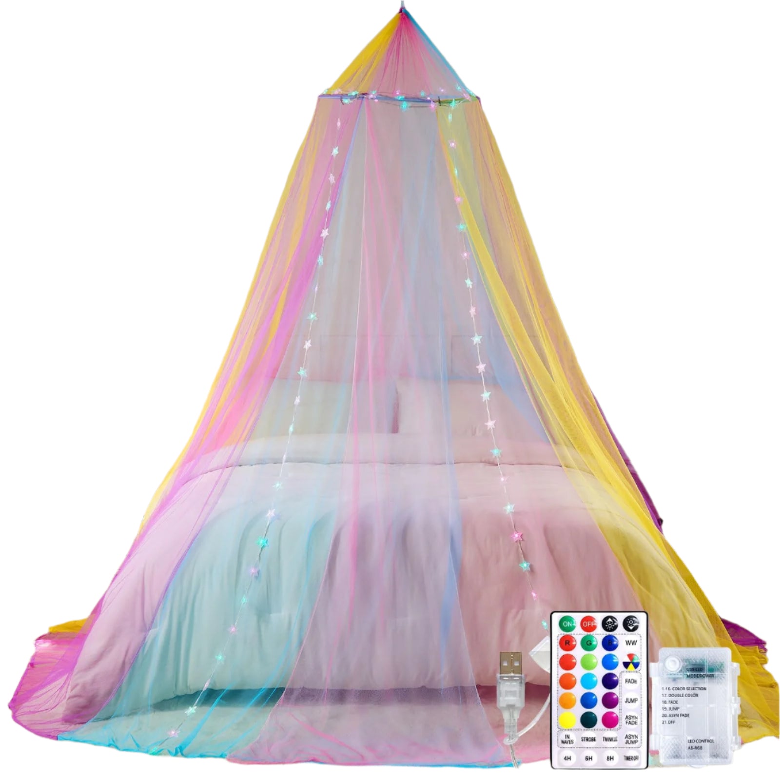 Rainbow Bed Canopy for Girls, Princess Canopy Bed Curtains with 24 Colors Star Lights