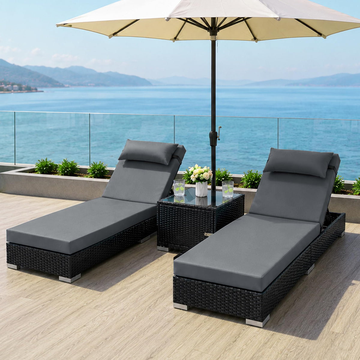 Outdoor Chaise Lounge Set of 2 with Storage Side Table