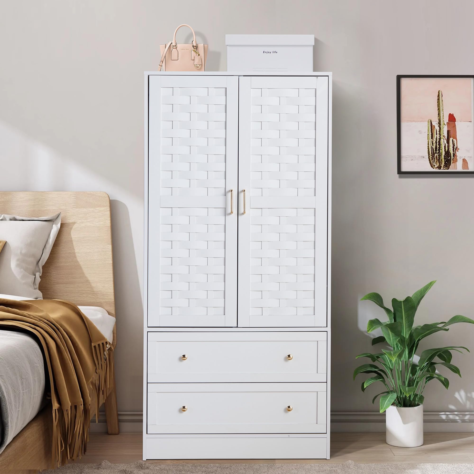 Armoire Wardrobe Closet with 2 Woven Doors, Wardrobe Cabinet