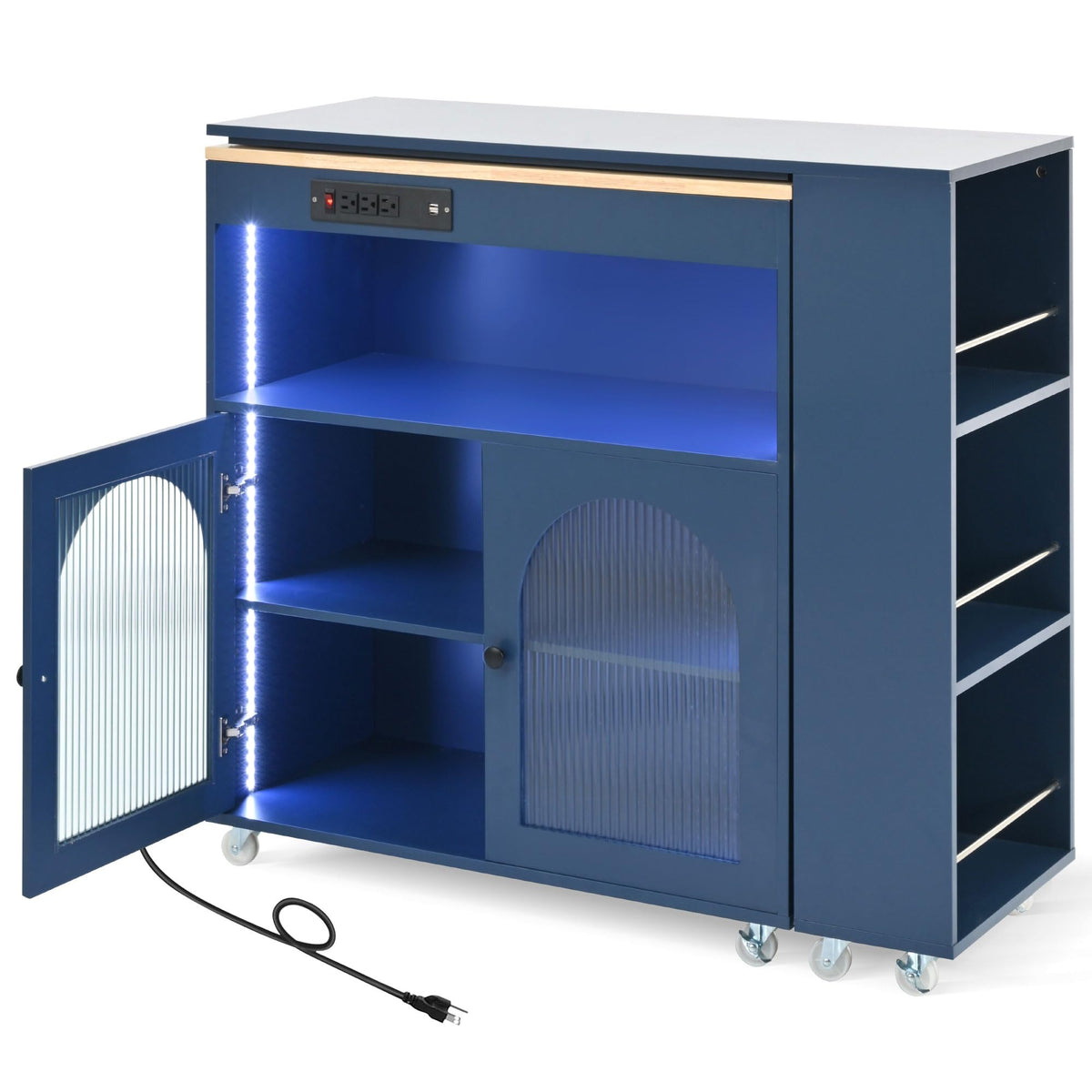 Extendable Rolling Kitchen Island with Power Outlet, LED Light & Fluted Glass Doors