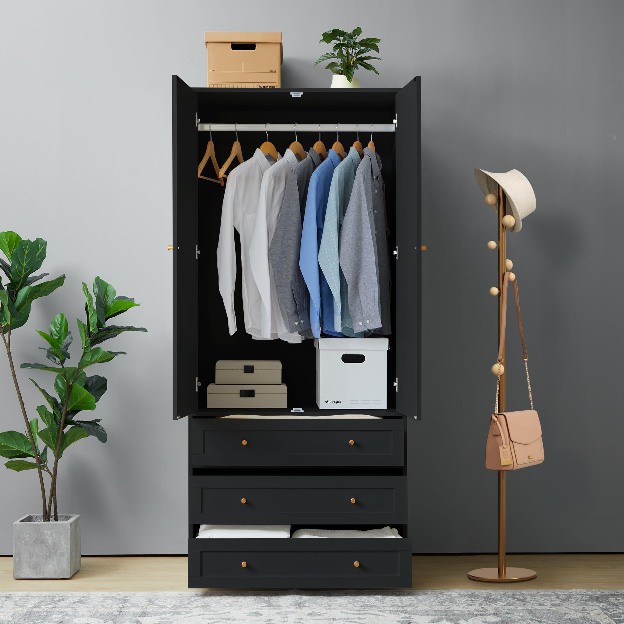 Armoire Wardrobe Closet with 4 Doors and 6 Drawers, 70.87" Tall Wooden