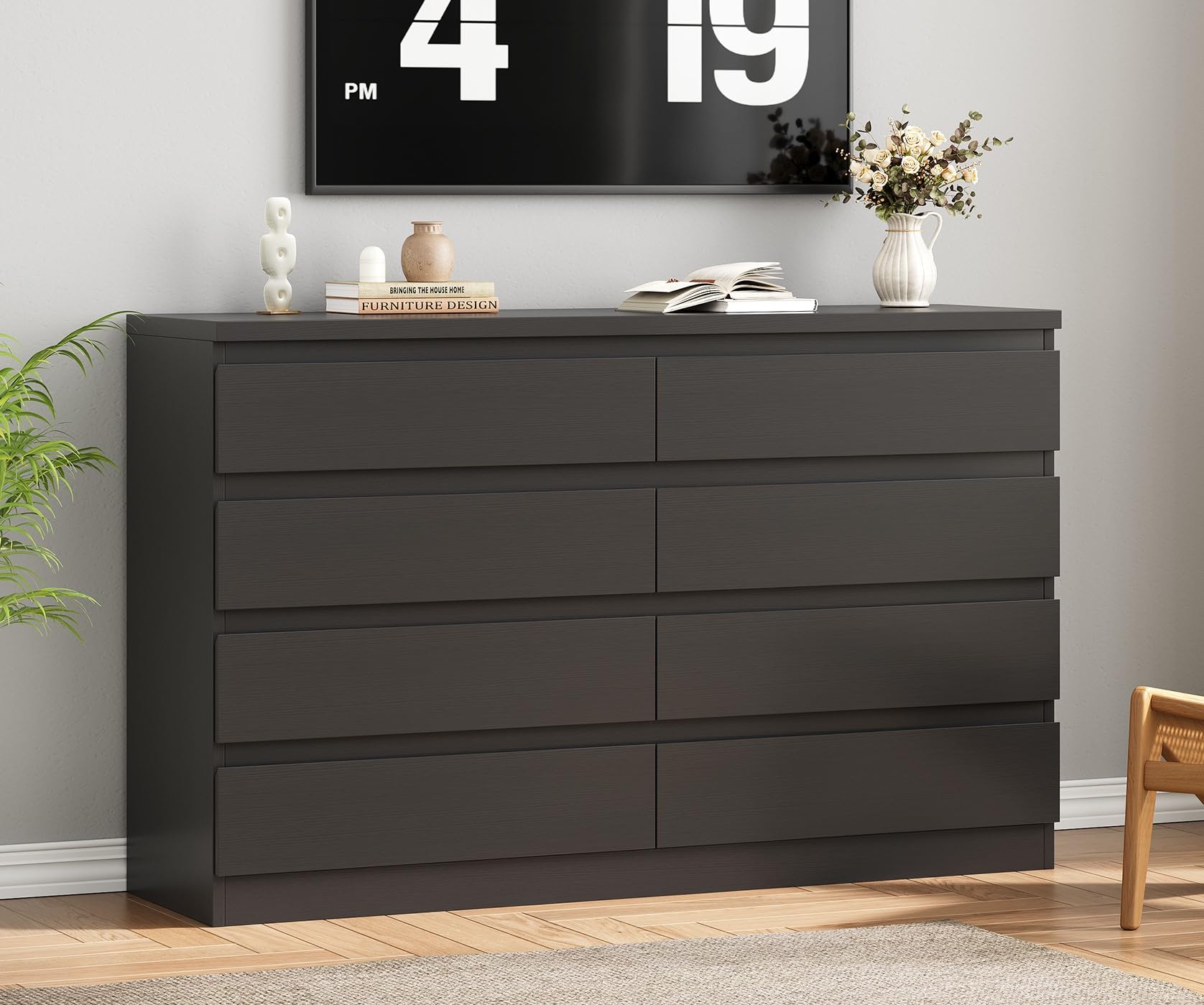 Modern Black 8 Drawer Dresser for Bedroom, Simply Chest of Drawers, Wood Storage
