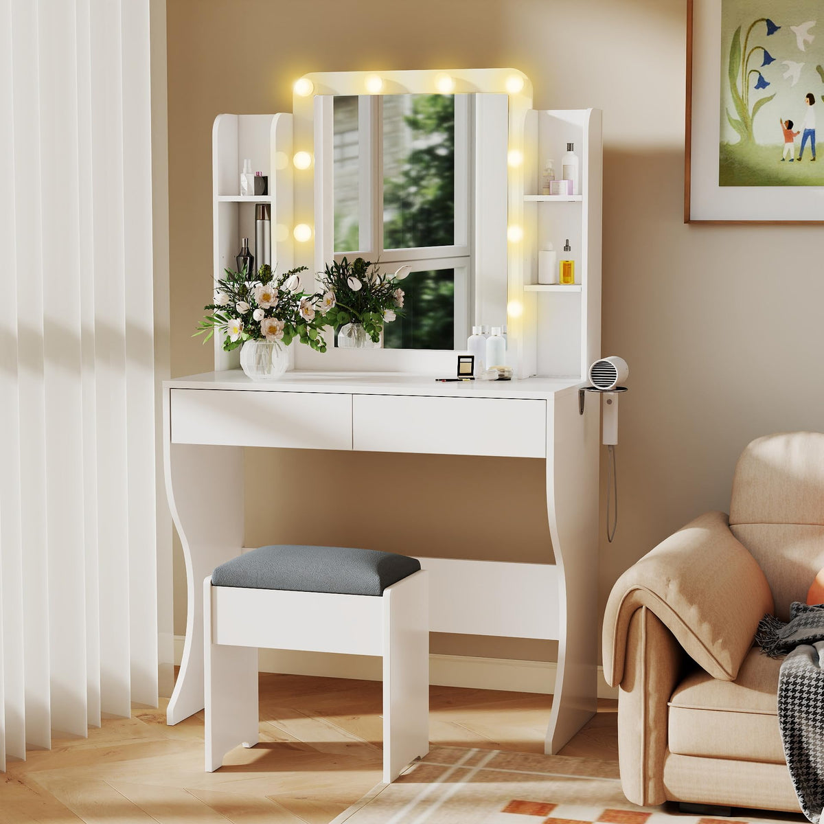 Vanity Desk with Mirror and Lights