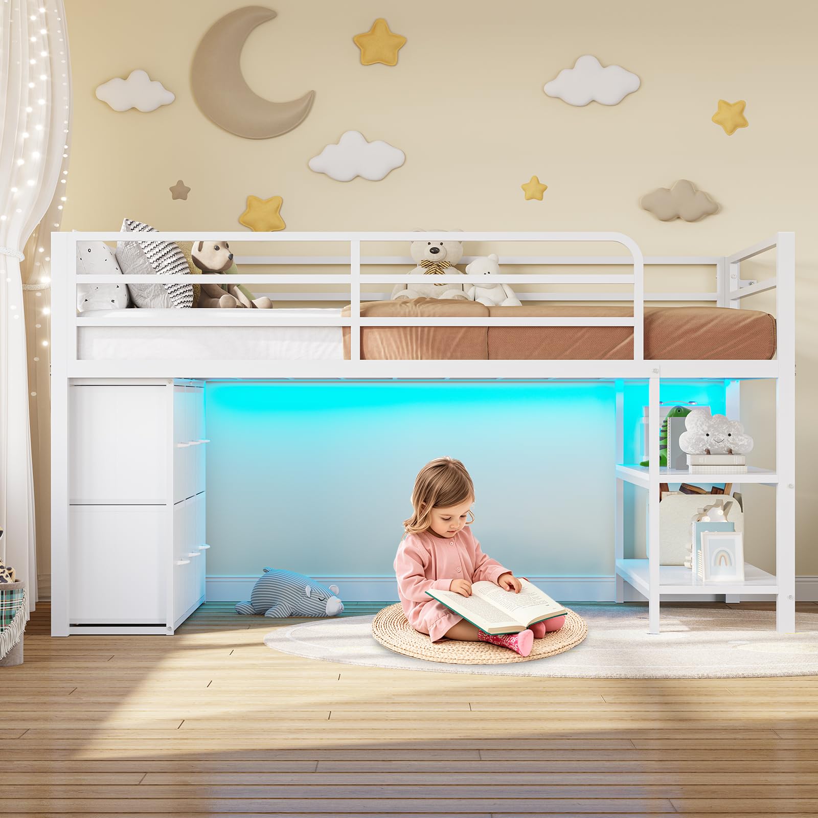 Low Loft Bed Twin Size with 6 Storage Drawers, LED Lights