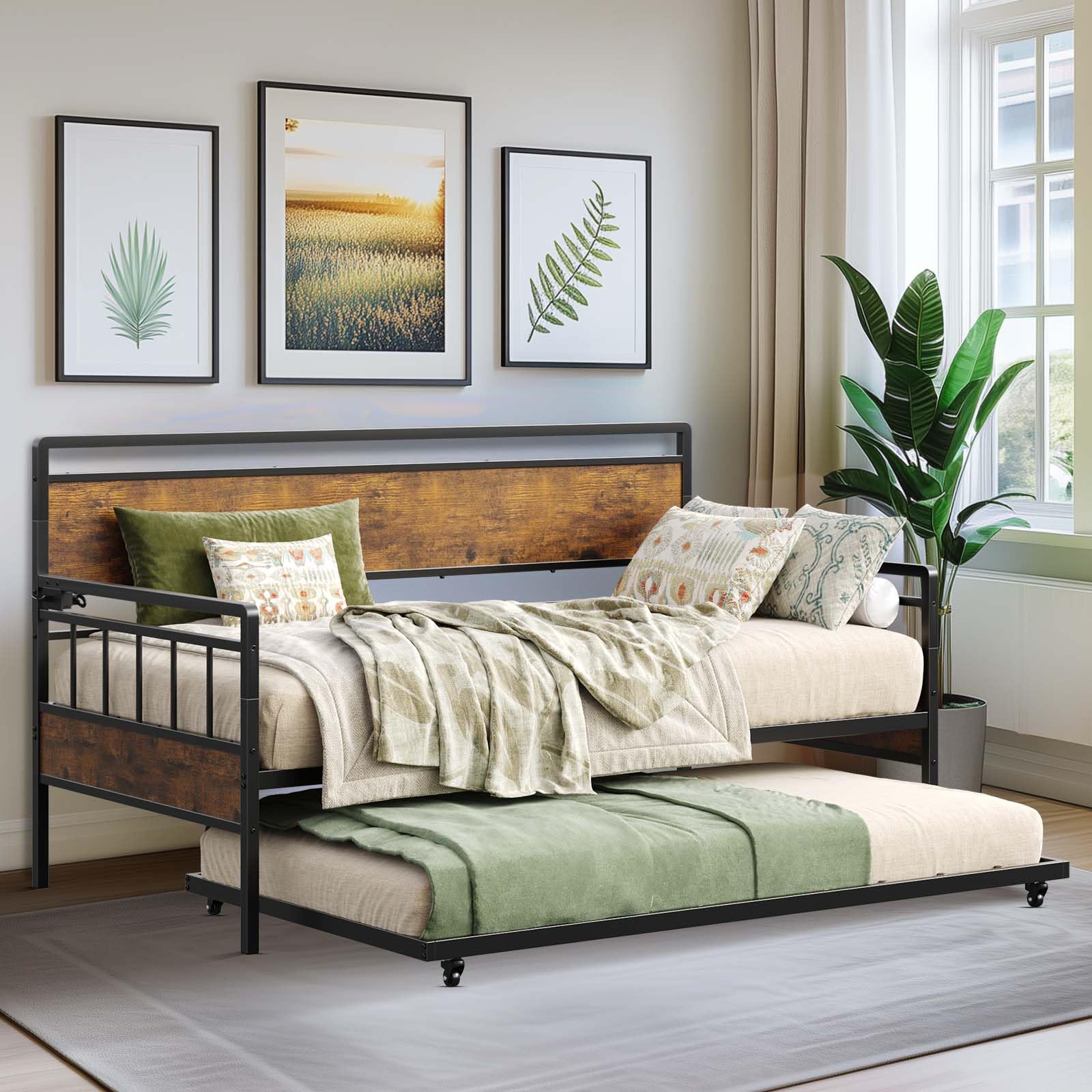 Daybed with Trundle with Charging Station and LED Lights, Metal Sofa