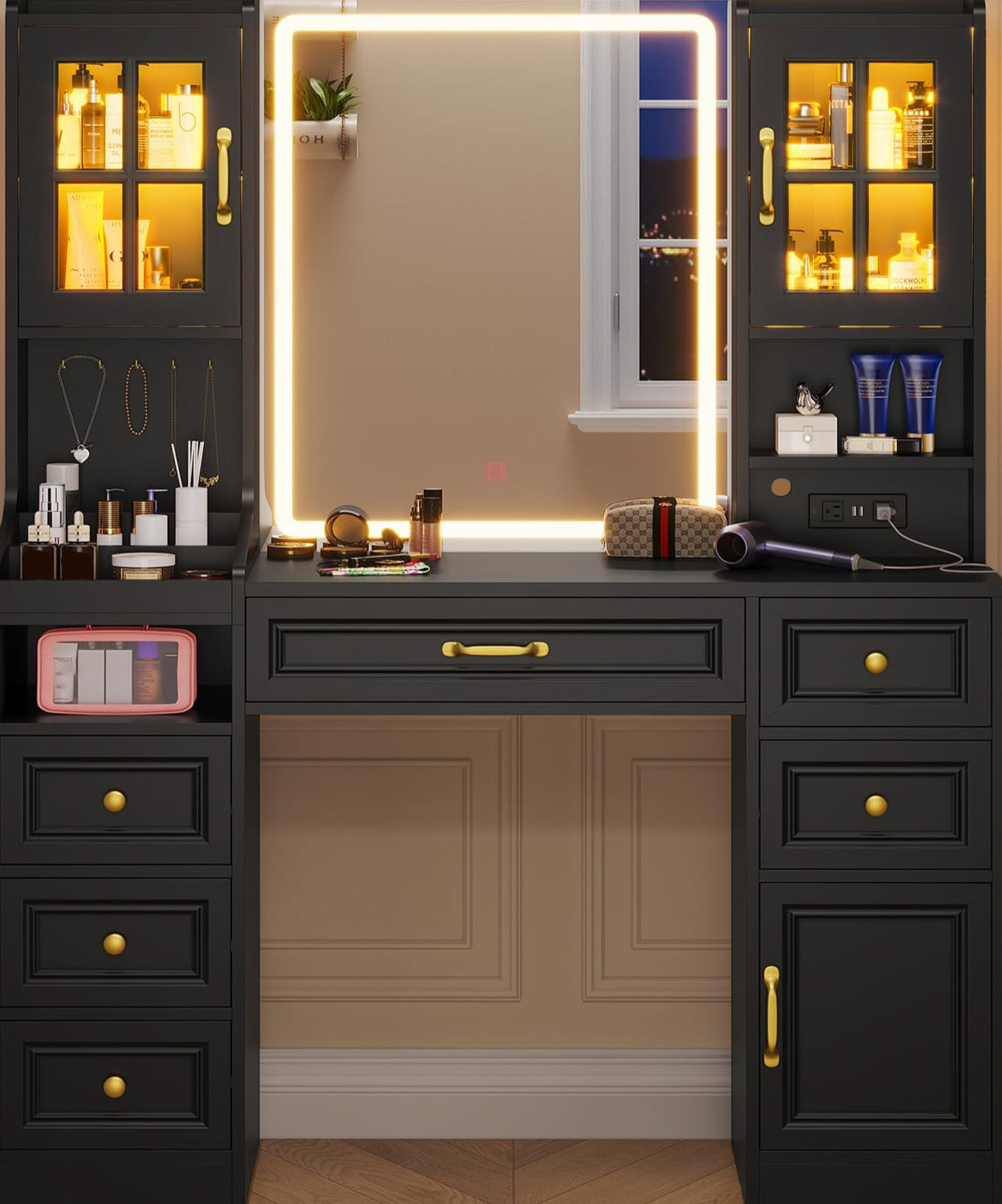 Black Vanity Desk with Touch Screen Mirror and Lights & Charging Station
