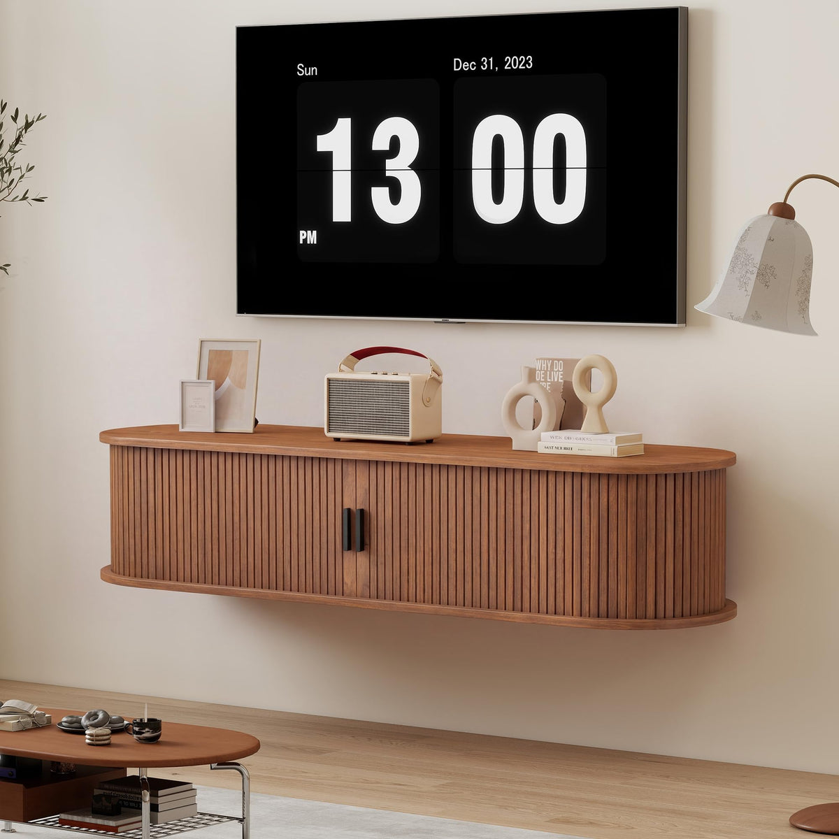 Floating TV Stand with Sliding Fluted Doors