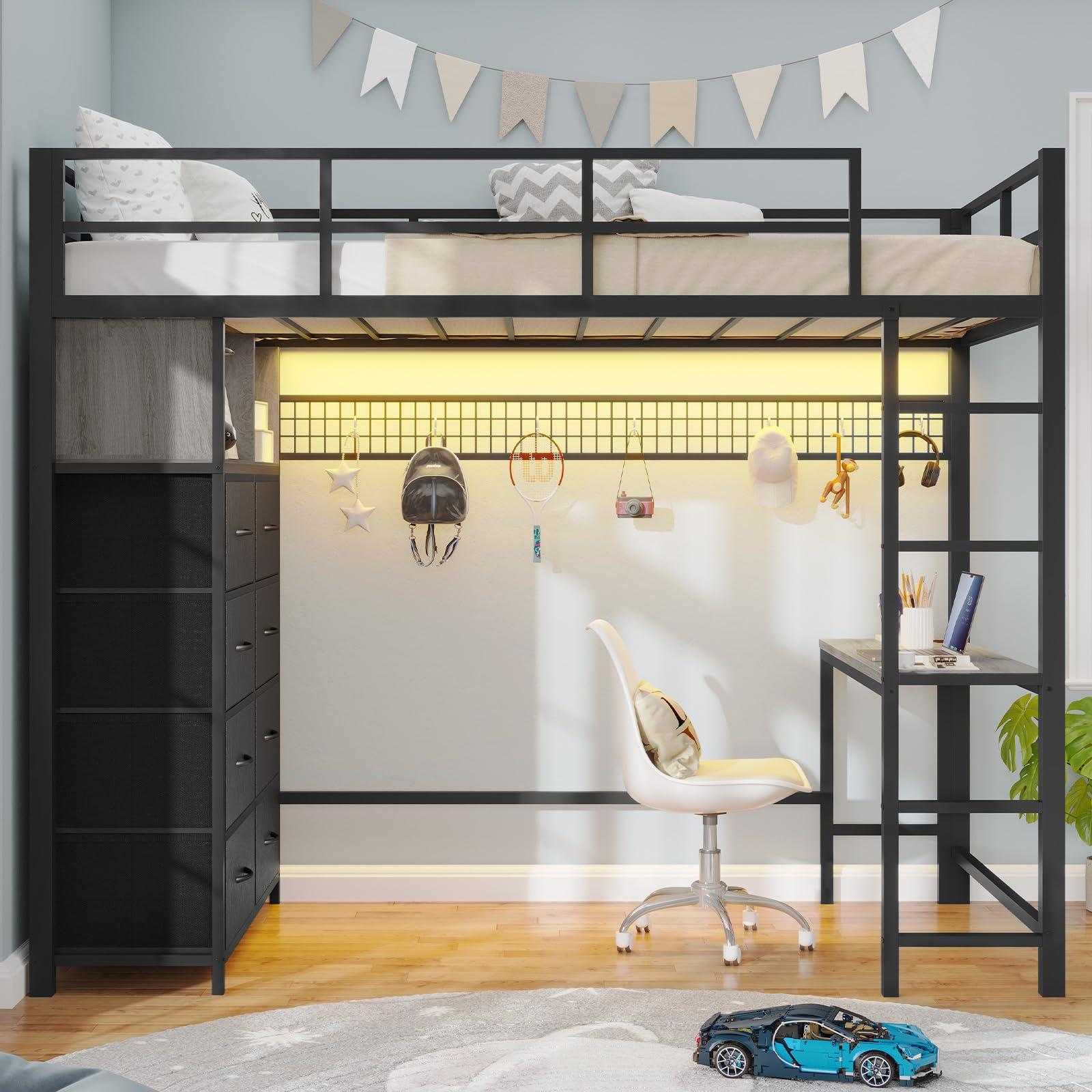 Twin Loft Bed with Desk & 8 Storage Drawers Tall Dresser, Black Metal Loft Bed