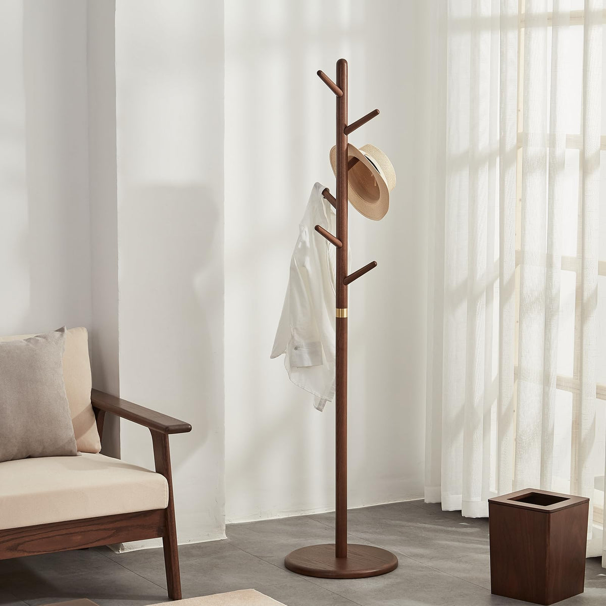 Solid Wood Freestanding Coat Rack with 6 Hooks