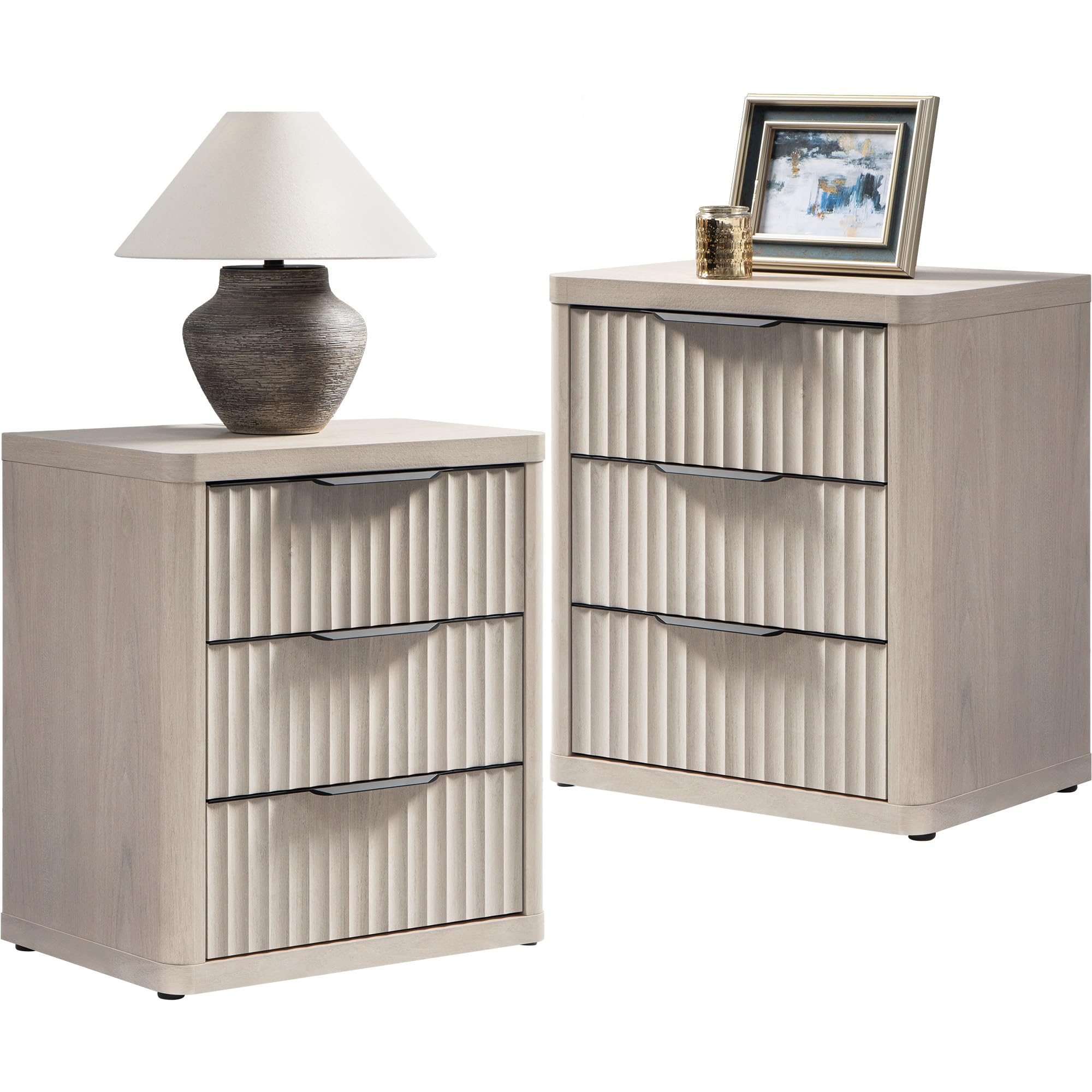 Night Stand Set of 2 Nightstands with 3 Drawers Storage Bedside Table Large Fluted